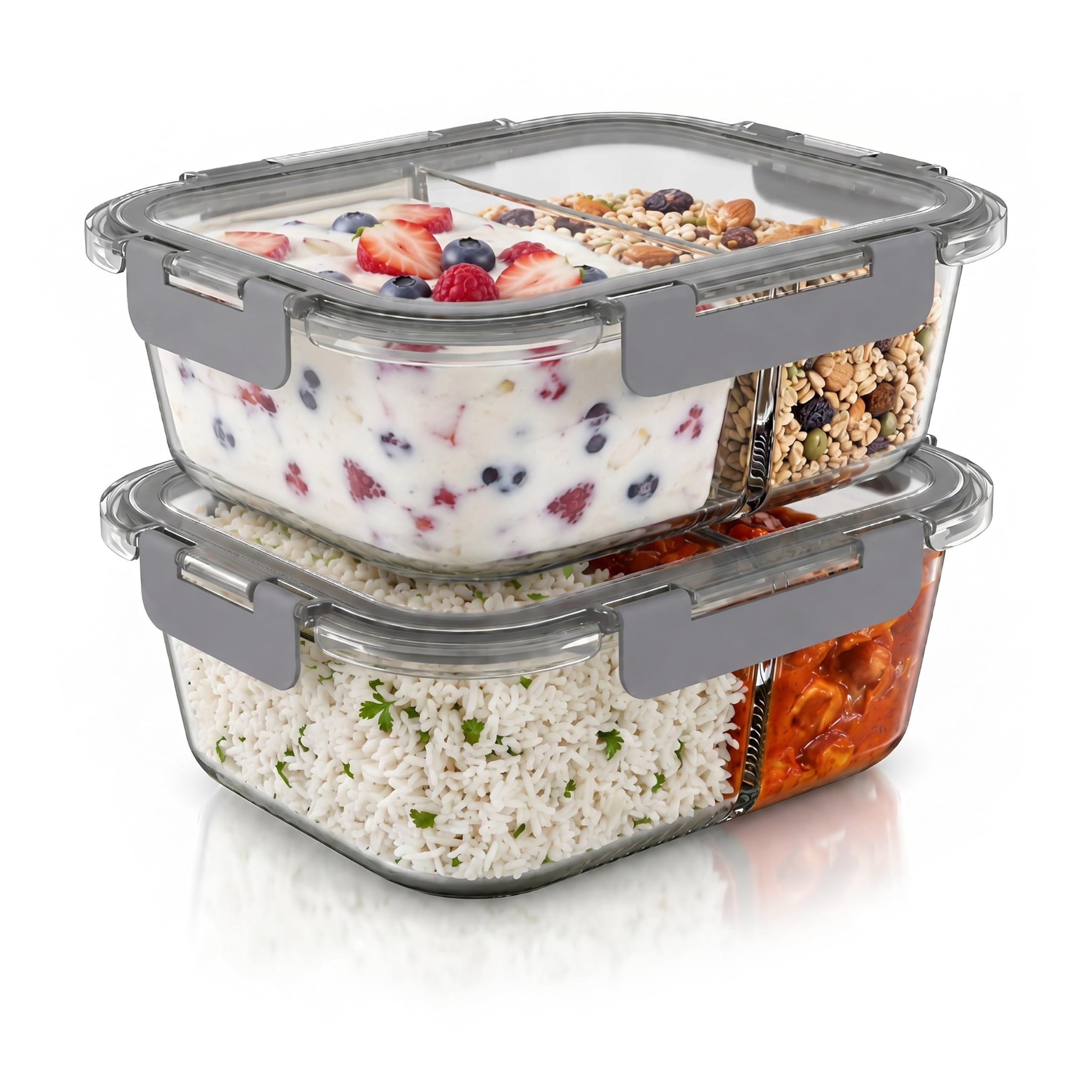 Arendo - Glas Frischhaltedosen Vorratsdosen für Lebensmittel mit Deckel luftdicht - 2 Fächer - 2er Set - 1500 ml - für Mikrowelle Gefrierschrank - Spülmaschinen geeignet - Lunchboxen Meal Prep Boxen