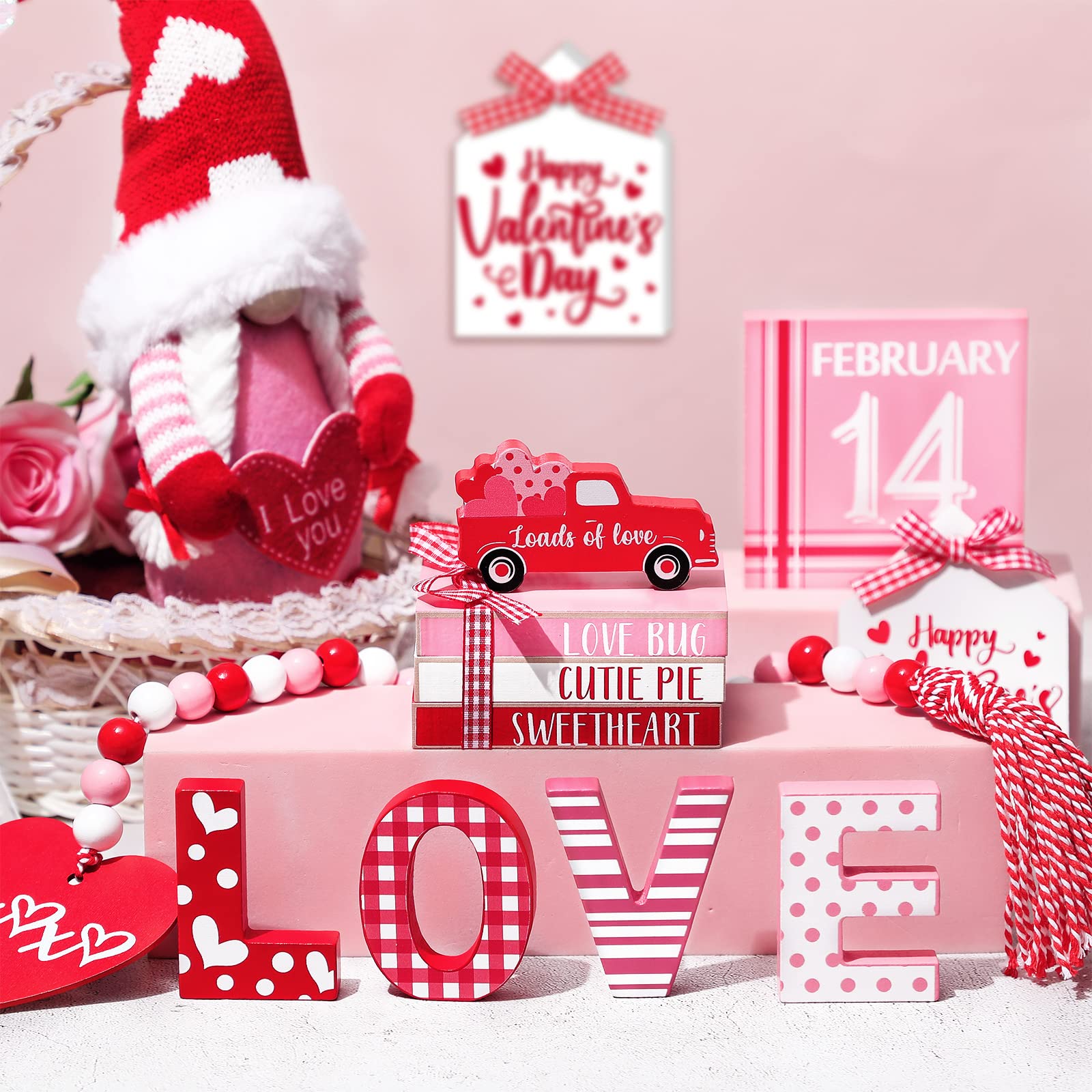 Seeloowy 10 Pcs Valentine's Day Tiered Tray Decor Set Valentines Heart Wood Sign Farmhouse Gnome Heart Books Table Decor Red Pink Bead Truck Love Blocks or Valentine's Day Home Kitchen Decoration