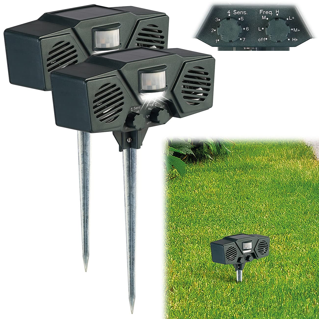 Exbuster Vogelschreck: 2er-Set Duo-Ultraschall-Solar-Tierschreck, Blitzlicht, Bewegungssensor (Wildabwehr, Elektrischer Katzenschreck, Maus)