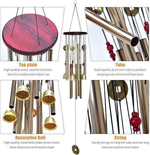 Miniatura 5 de Bwinka Chino tradicional Retro10 Tubos 5 Campanas Bronce Patio Jardín Exterior Vida Campanillas de viento 33.5 in (MT-626)..