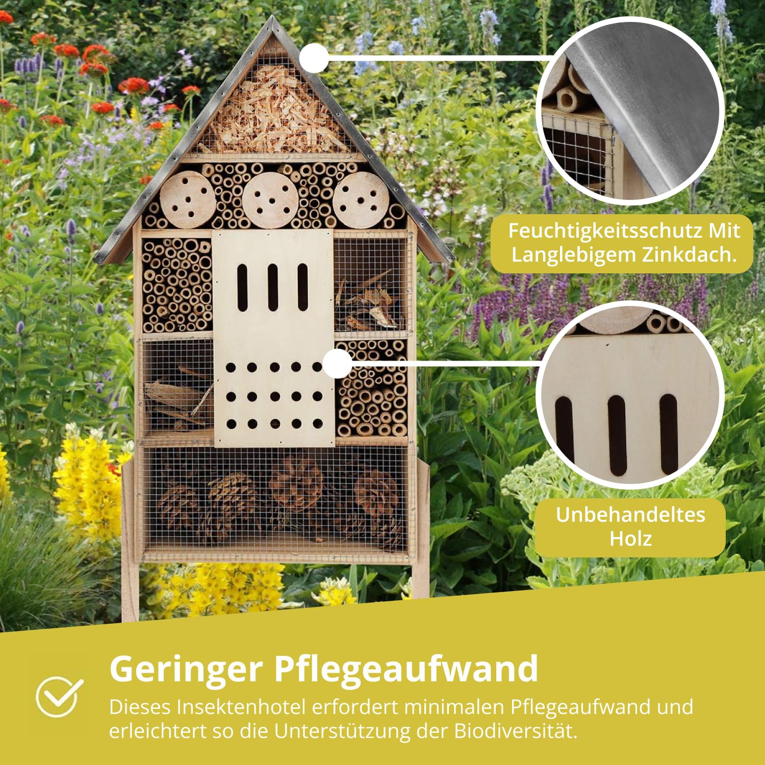 wildlife friend Insektenhotel XXL Stehend - Bienenhotel mit Standfuß 76 cm, Metalldach - Groß Wildbienenhotel - Insektenhaus für Bienen, Marienkäfer & Schmetterlinge | Insektenhotel Bausatz, Holzfarbe