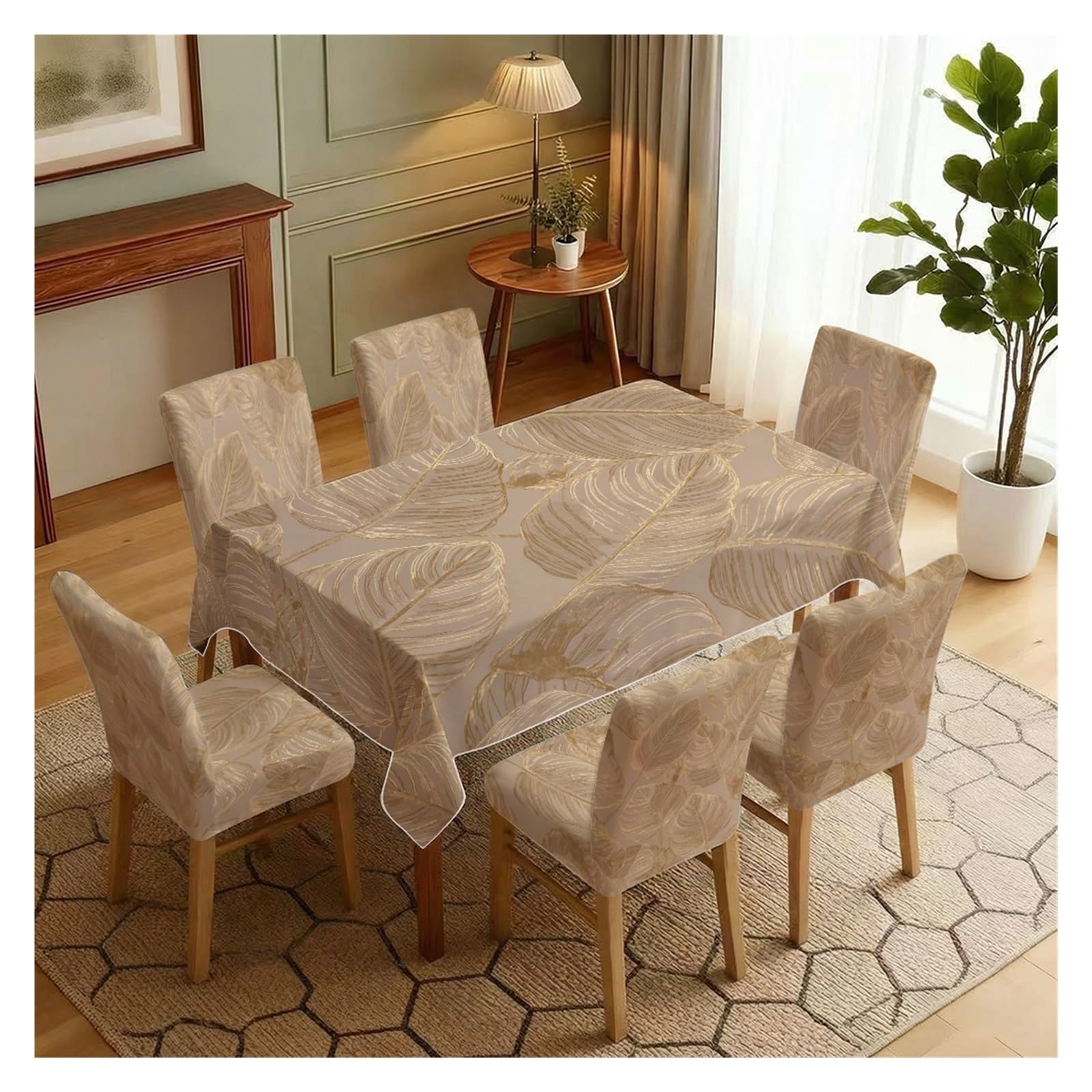 KXUAUV Beige Gold Tropical Leaf Print Stretch Dining Chair Covers Tablecloth Set, For Kitchen Dining Living Room Elegant Decor, 5/7 Pack Party Decor(7pcs Set: Tablecloth+Chair Covers)