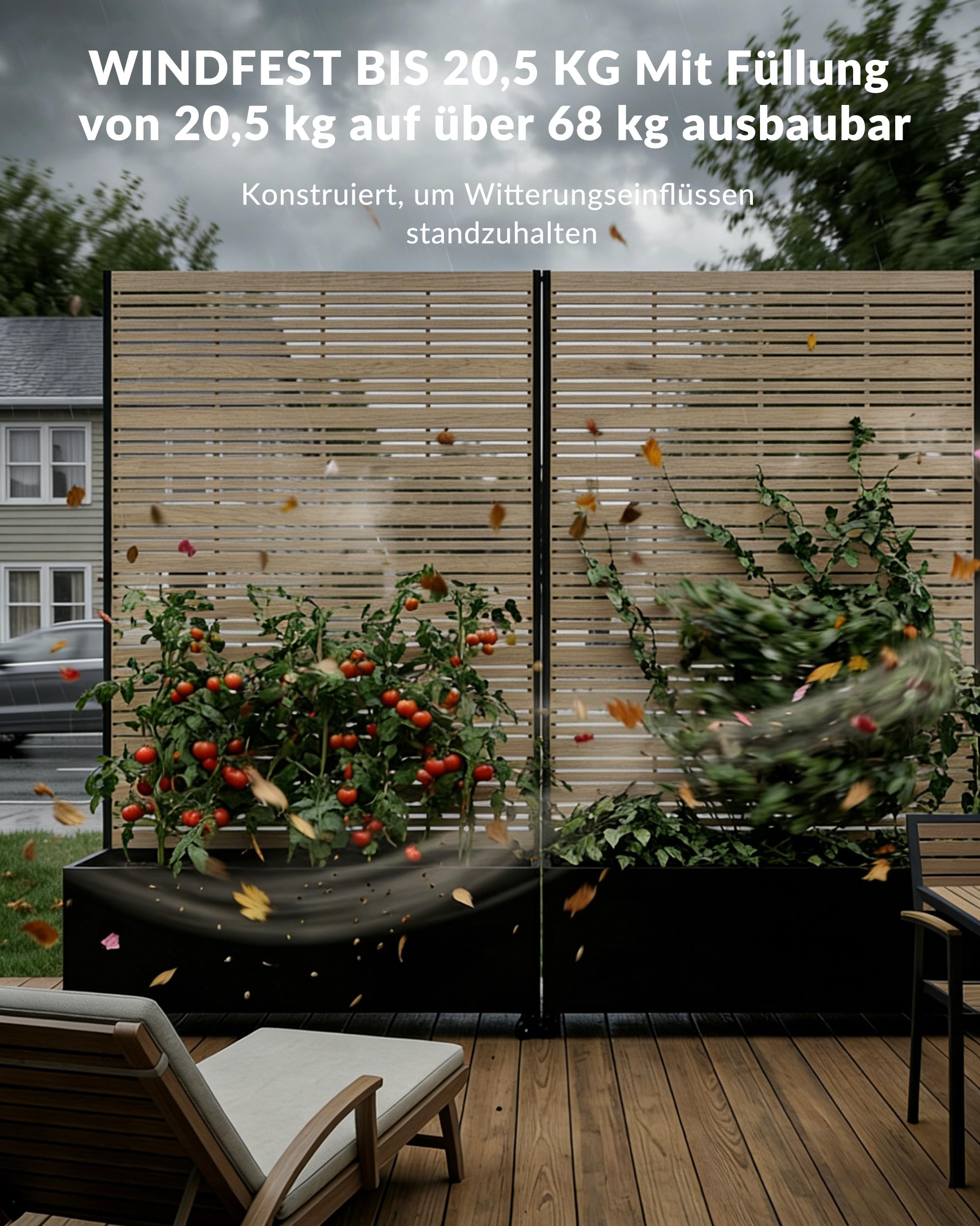 Hochbeet Metall mit Sichtschutz, 119 x 41 x 185 cm Pflanzkasten mit Rollen, 33 cm tiefes Pflanzbeet, Pflanzkübel Pflanzkasten für Gemüse, Kräuter und Blumen, wetterfest für Garten, Balkon und Terrasse