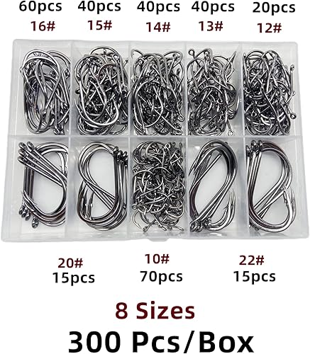 Miniatura 2 de DAMIDEL 300 unidadescaja (22# ...15# 10# anzuelo de pesca, acero forjadodiseño bardado, 8 tamaños universales de anzuelos de pesca de pulpo,