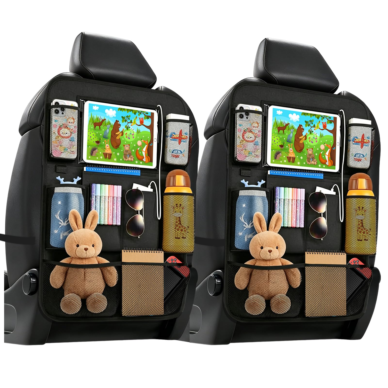 Hounyou 2 Pcs Car Seat Organiser, 40x60cm Car Storage Organiser Back Seat, Road Trip Essentials, with Tablet Holder, for Storage Toys, Books, Drinks