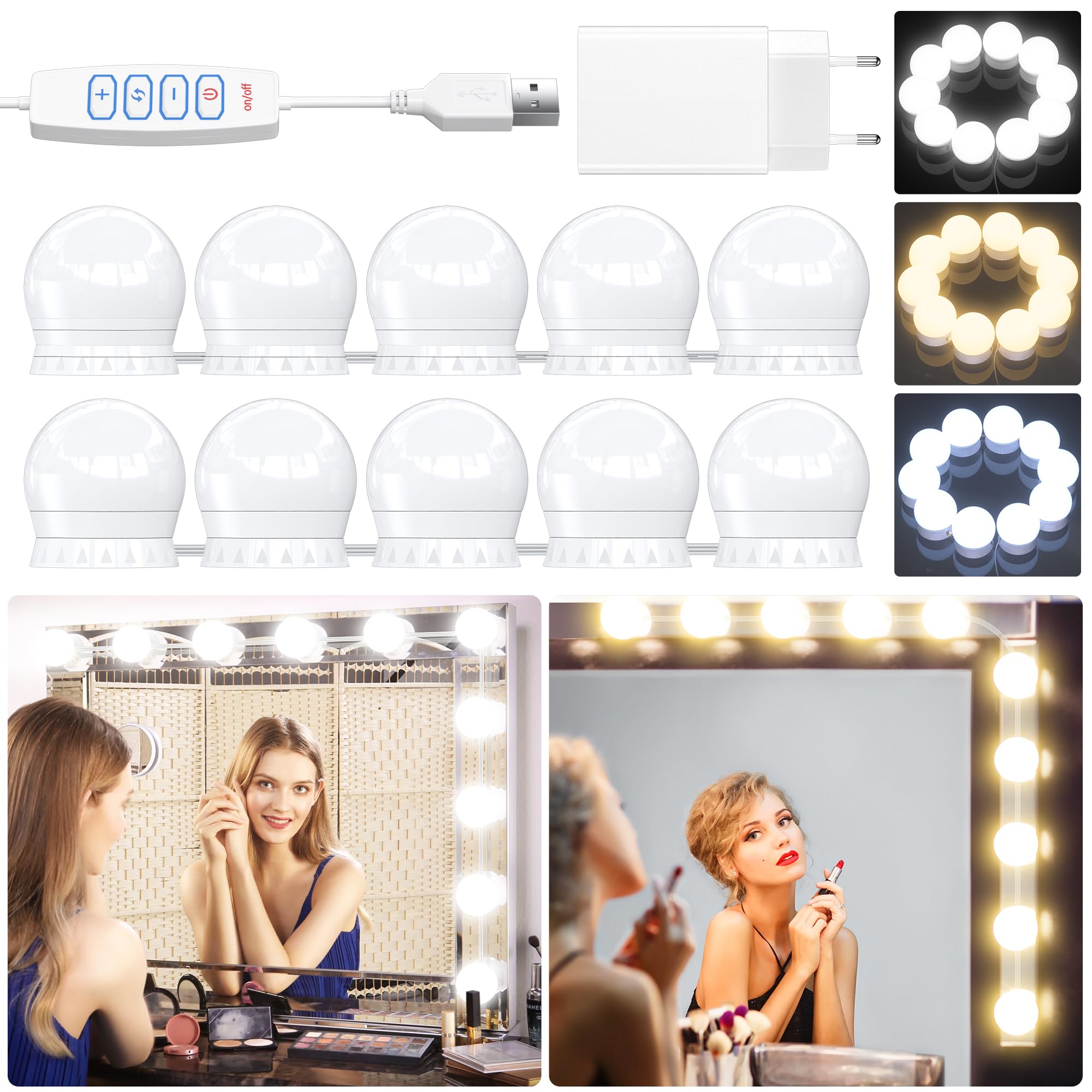daphomeu Led Spiegelleuchte mit Adapter, 10 Dimmbar Hollywood Schminklicht, Make Up Licht Beauty Leuchte Beleuchtung LED Spiegellampe für Schminktisch Kosmetikspiegel