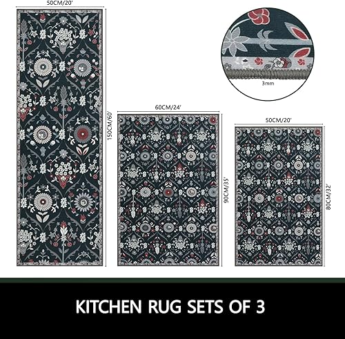 Miniatura 8 de Falflor Juego de 3 tapetes de cocina con diseño de enrejado marroquí, antideslizantes, para el suelo, lavables, alfombras de cocina con patrón