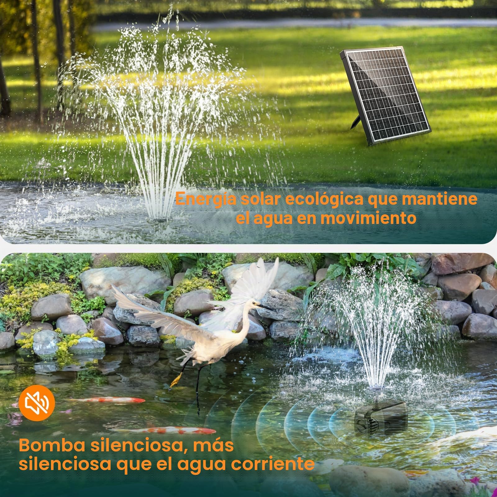 POPOSOAP Bomba solar para estanque de 20 W, 1000 L/h con flujo ajustable, cable de 5 m, bomba de agua solar antiobstrucción para exteriores, jardín, estanque, características del agua