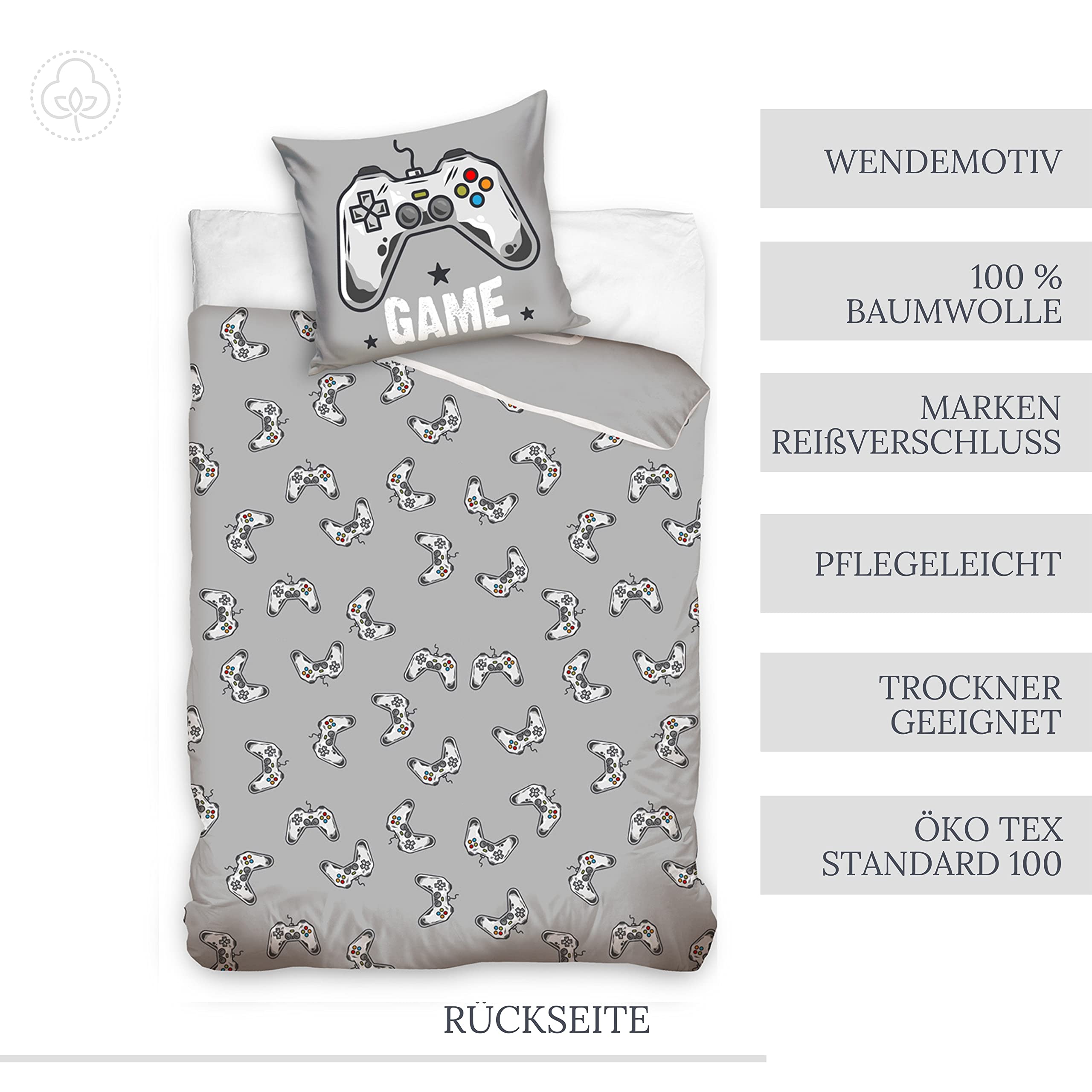Gaming Bettwäsche-Set Kinderbettwäsche Teenagerbettwäsche Jungen in grau, Kissenbezug 80x80 + Bettbezug 135x200, Gamer-Bettwäsche Eat Game Sleep Repeat