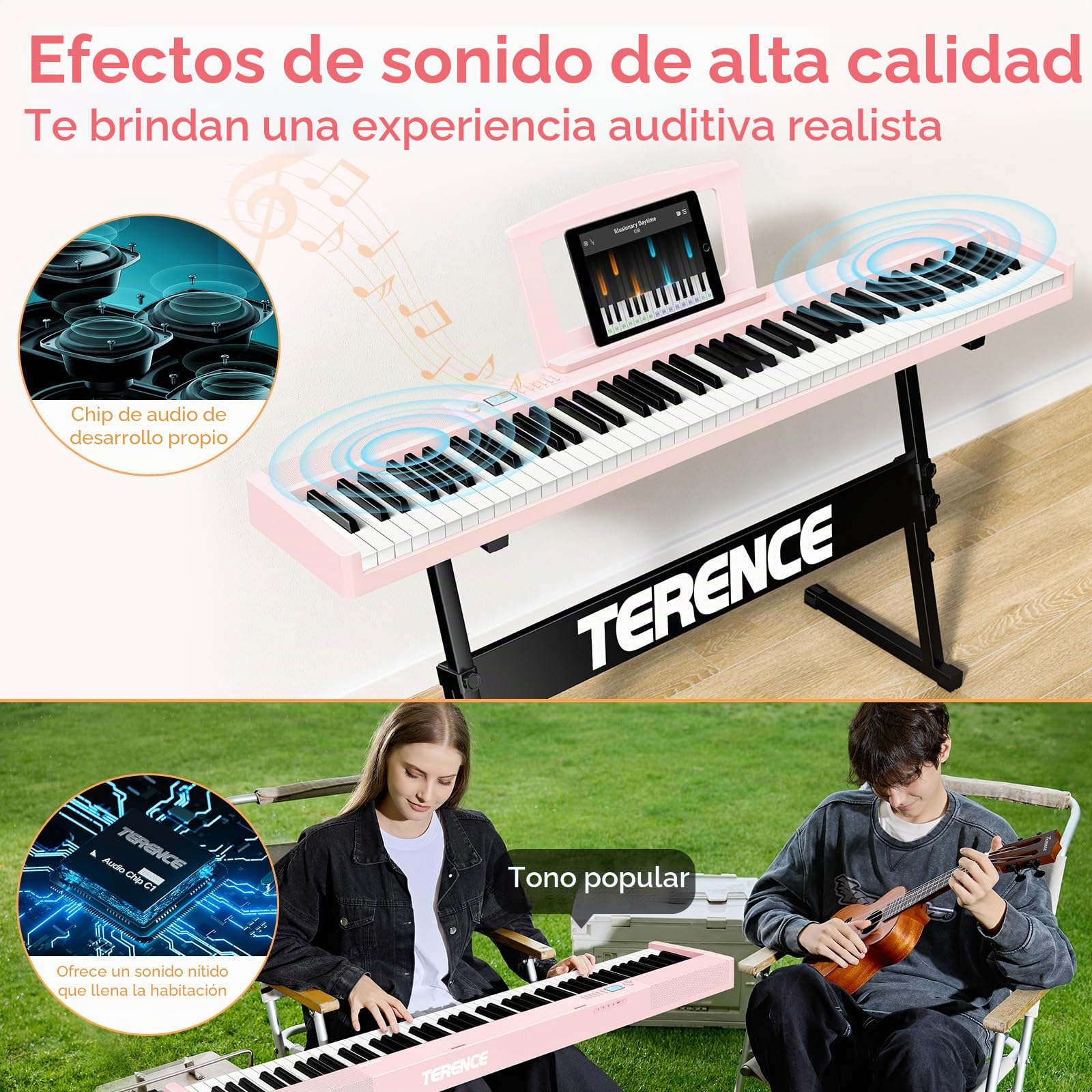 TERENCE Piano digital para adultos, instrumento musical con 88 teclas ponderadas, batería de 1800 mAh, 2 altavoces de 25 W, piano plegable, portátil, compatible con Bluetooth e interfaces MIDI,Rosa