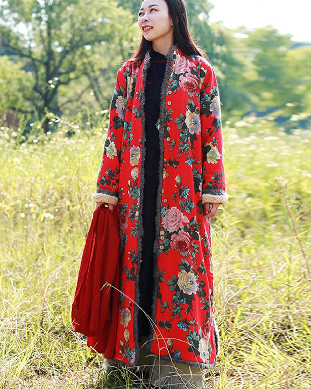 LUZU JUNU Women’s Cozy Long Fleece-Lined Trench Coat Jacket with Floral Prints Warm Stylish Versatile - Image 3