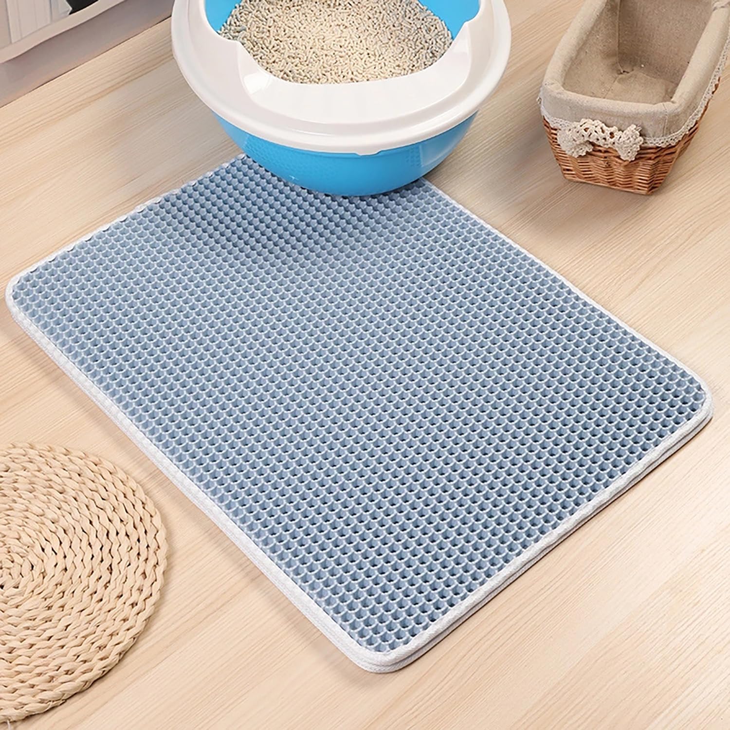 Pet Cat Litter Mat Double-Layer Sand Cat Mats for Cat Litter box Large Size Foldable Non-slip Waterproof Pet Bed Easy Clean Foldable Trapper Mats (Small, Blue)