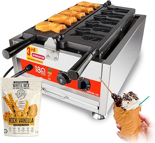 ALDKitchen Taiyaki - Máquina para hacer gofres de pescado | Acero inoxidable | Antiadherente | 110 V (5 peces de boca abierta)