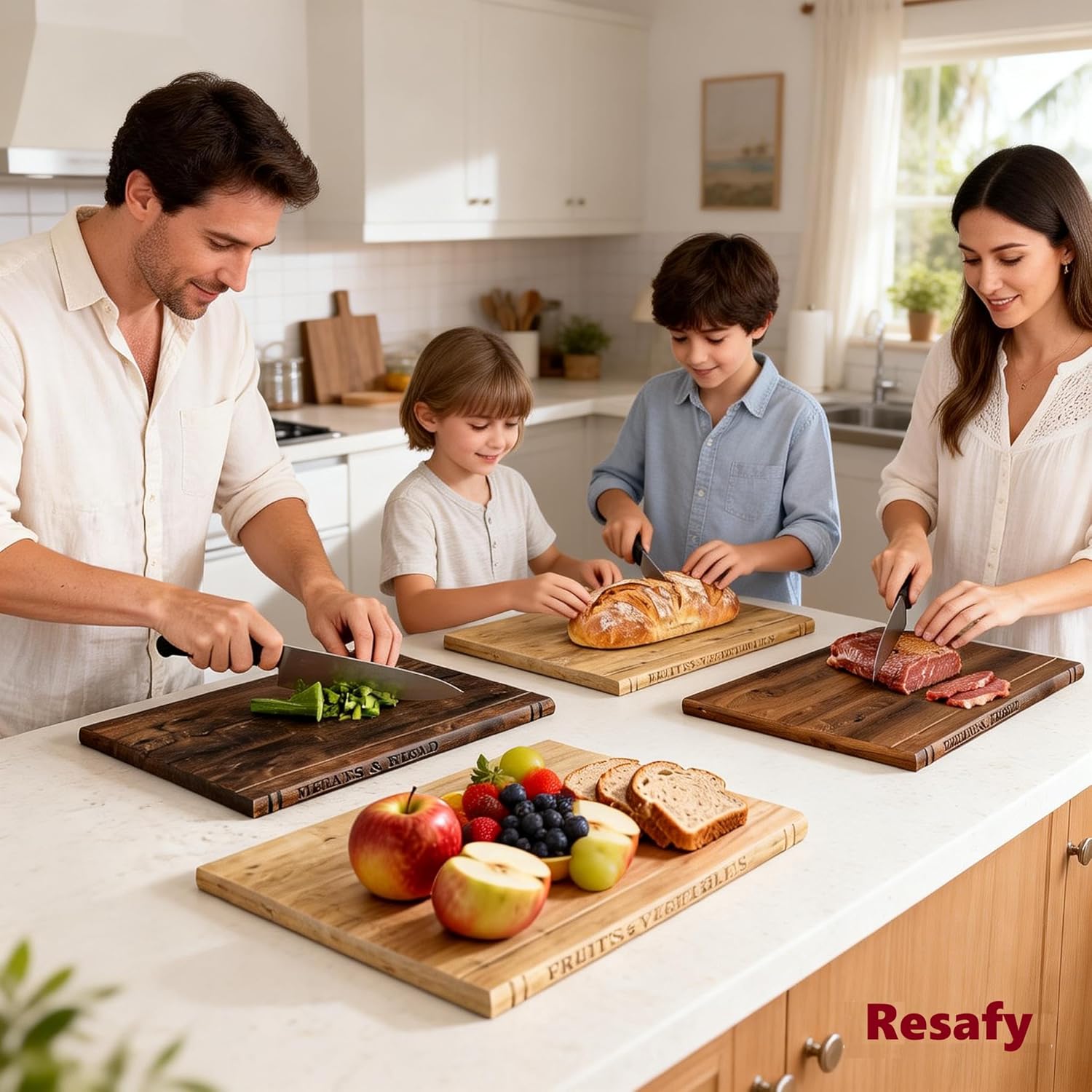 Resafy Book Cutting Board Set of 3,Acacia Wooden Decorative and Functional Cutting Boards with Wooden Stand Library,Fruits, Vegetables, Meat, Fish, Cheese and Bread | Statement Piece for Countertop