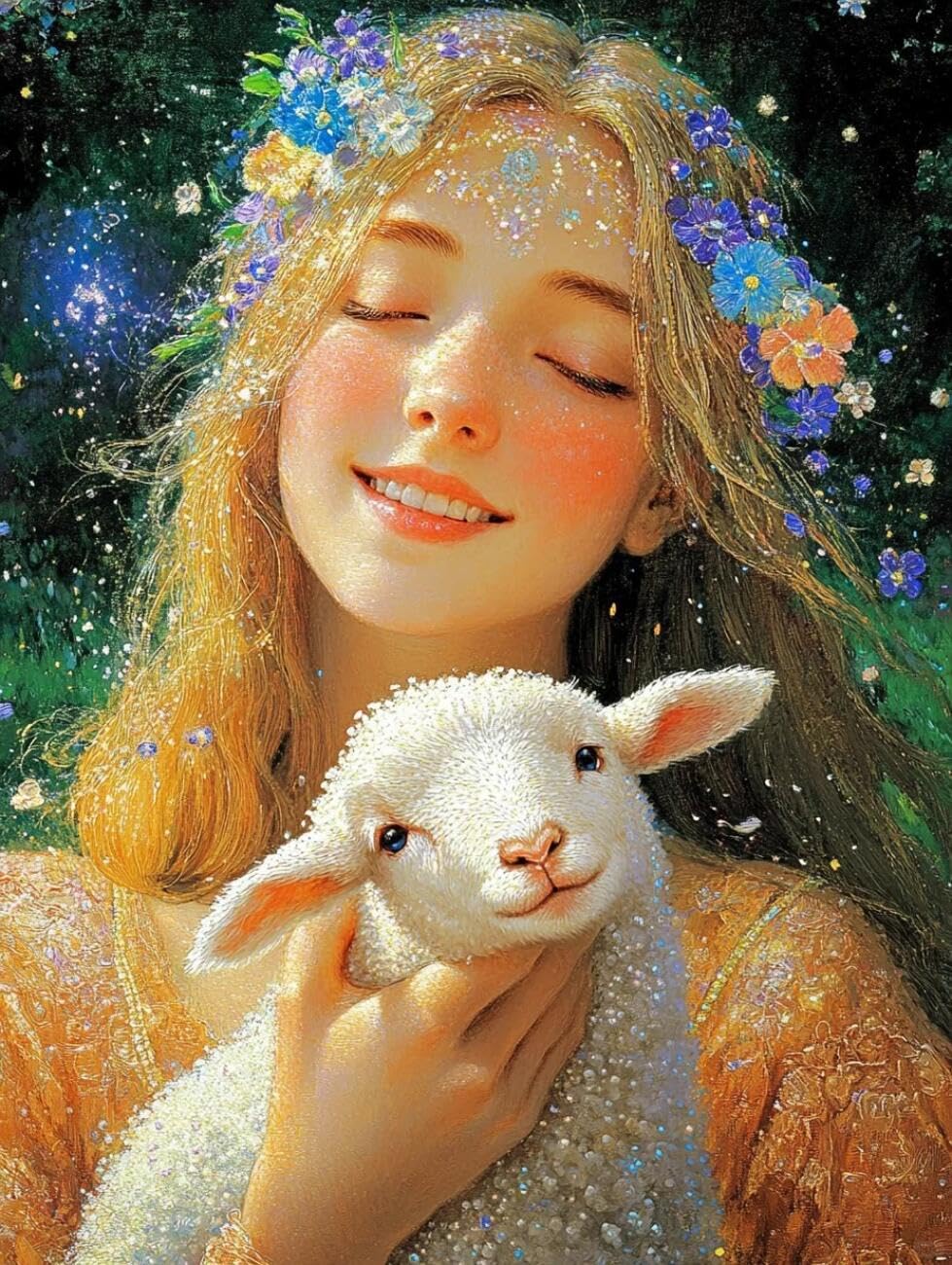 RKFLGEW Animal 14CT Cross Stitch Kits for Beginners Woman and Sheep Preprinted Fabric Cross Stitch DIY Art Needlecrafts Embroidery Kits for Adults Beginners 40x50cm