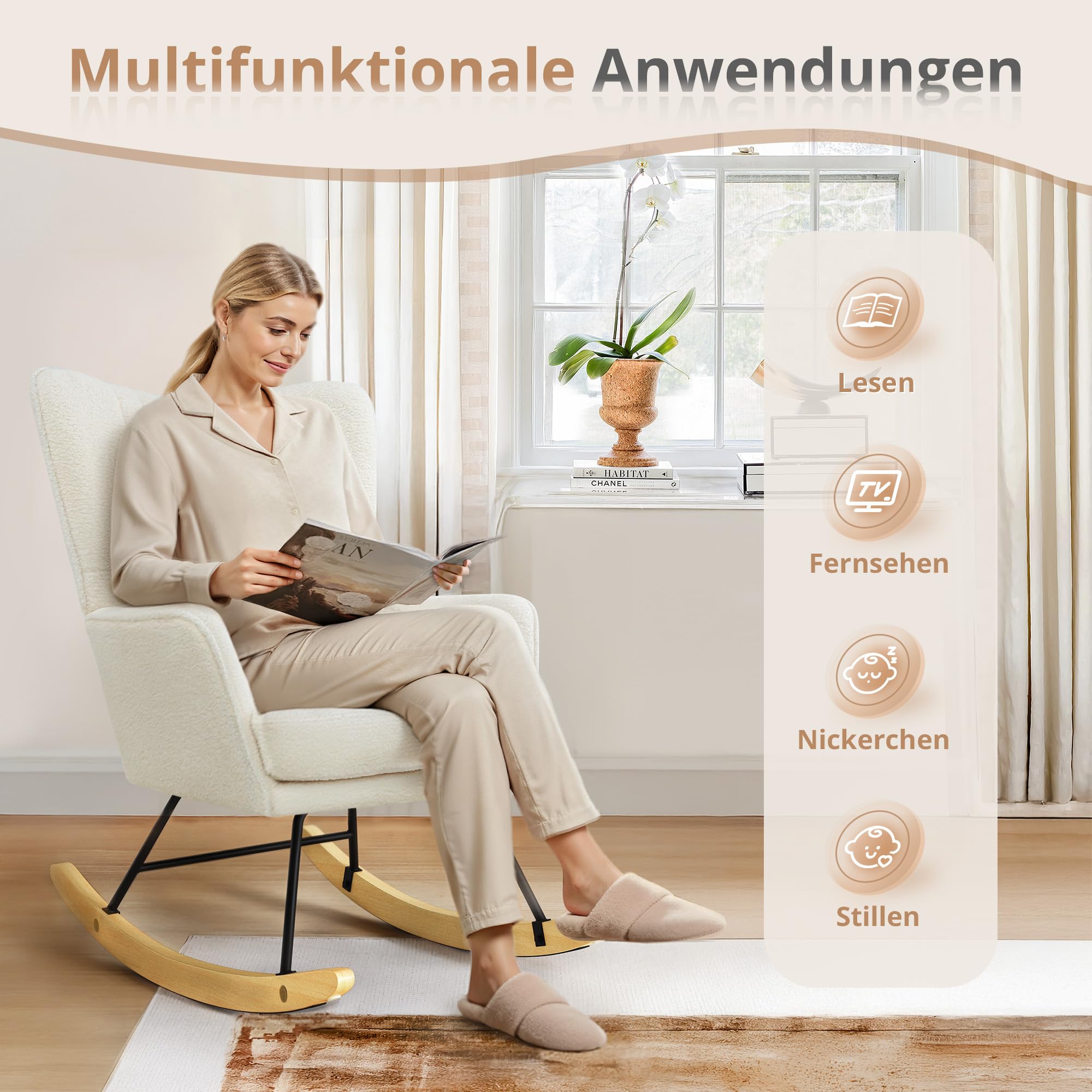 LUE BONA Schaukelstuhl aus Teddystoff mit extra dickem Sitzkissen, Polstersessel mit Armlehnen & Holzkufen, Bequemer Relaxstuhl für Wohnzimmer, Creme-beige