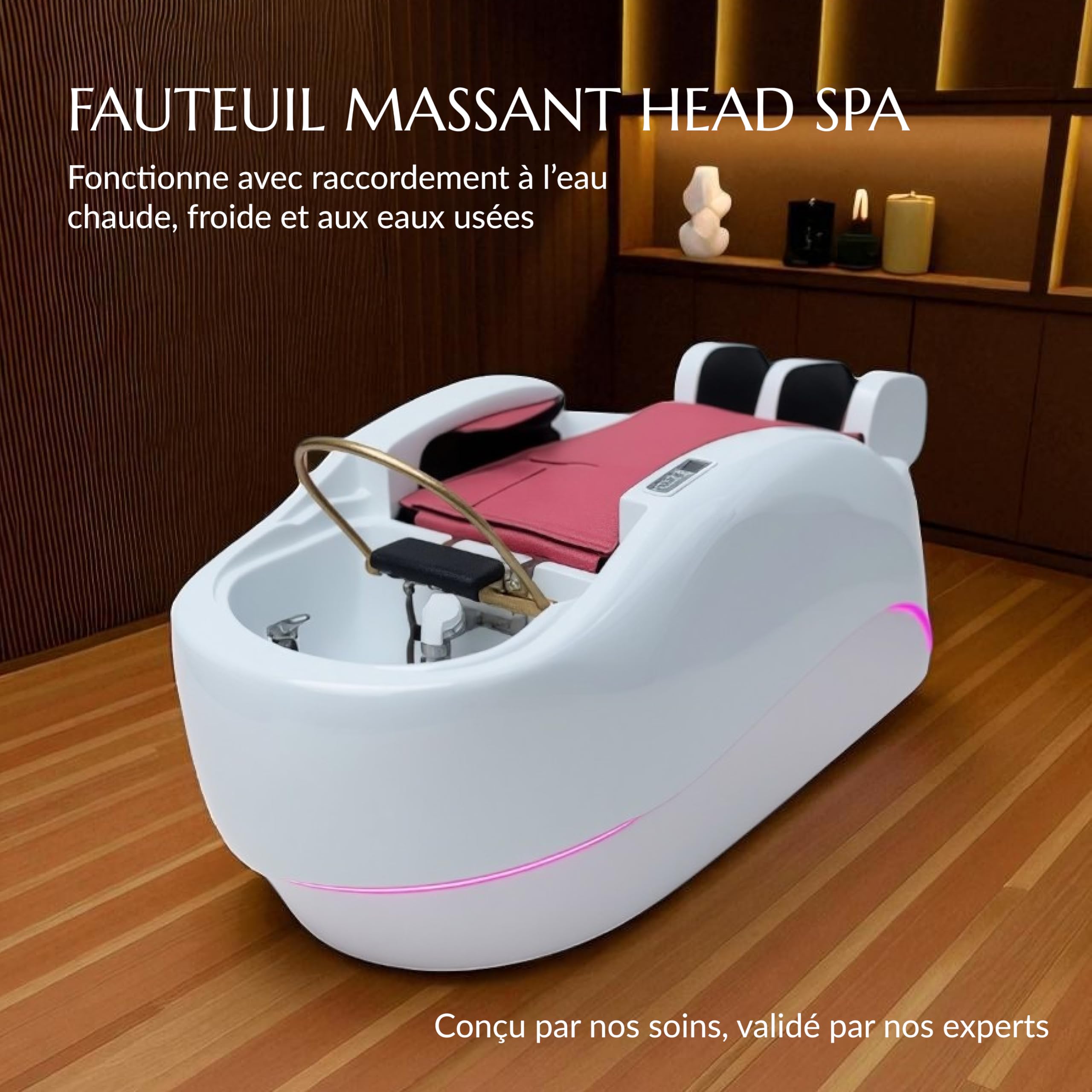 Fauteuil massant Head Spa – Massage Dos & Mollets, Arrivée Eau Chaude/Froide - Vasque Acrylique – Matelas Confort 14 cm - Installation Facile - Matériel Professionnel – Garantie 1 An