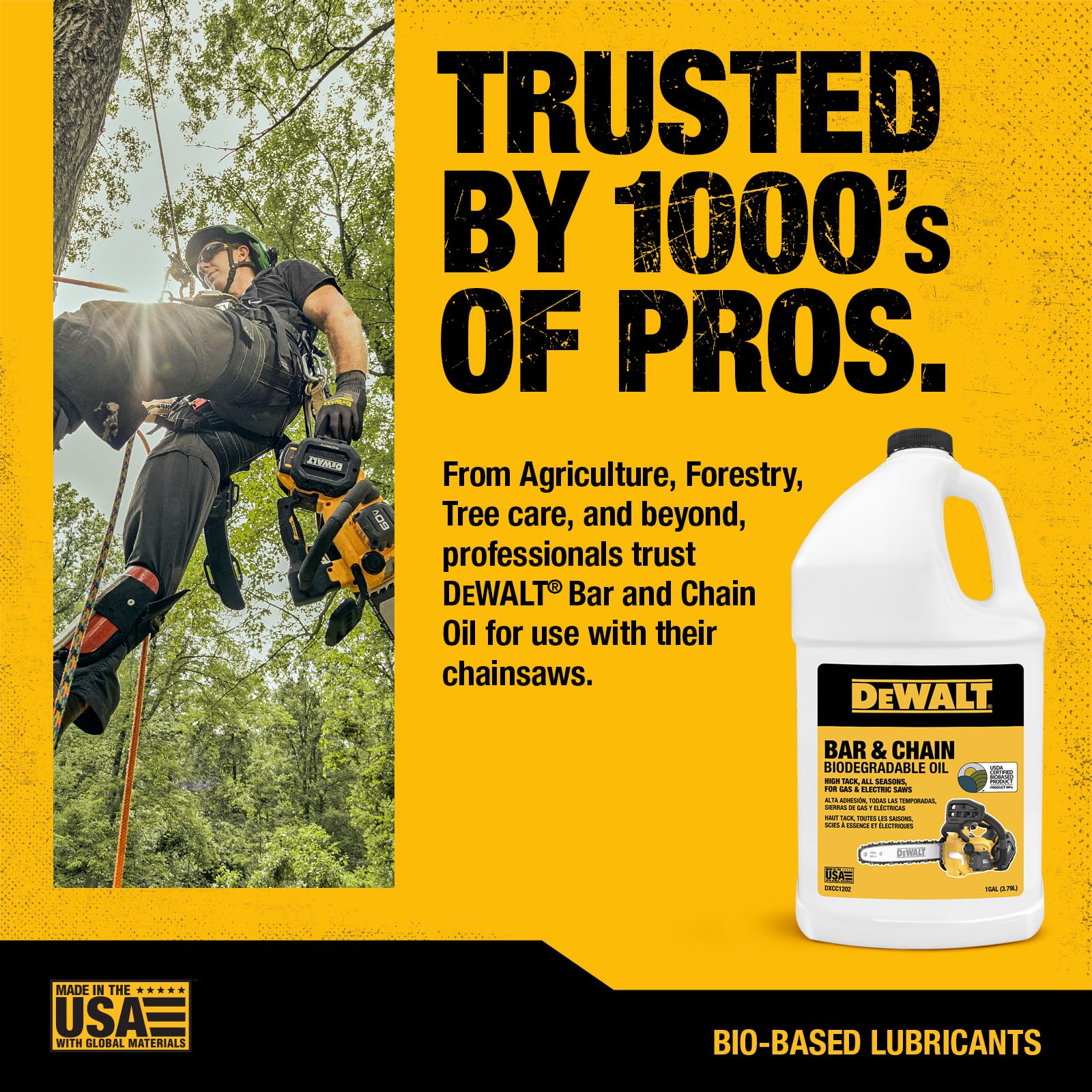 DEWALT Olio per motosega biodegradabile – Lubrificante professionale ad alte prestazioni, non tossico – verde, ecologico, ultraclean, lubrificante per barre e catene per tutte le stagioni, 1 GALLON