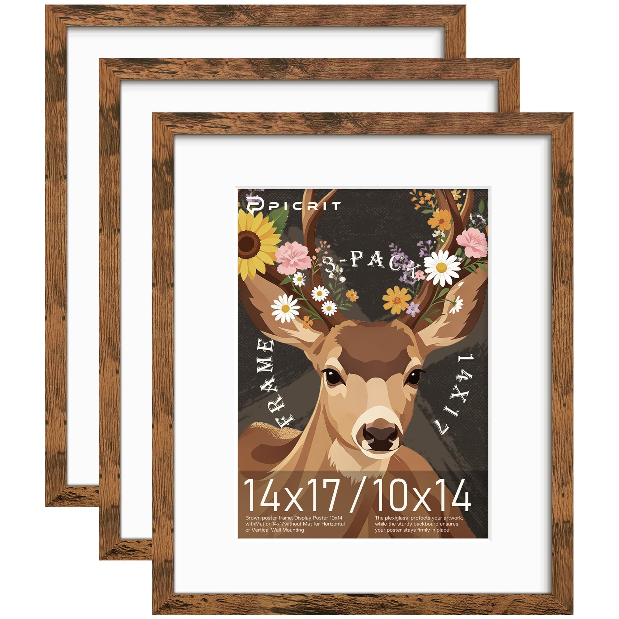 Picrit 14x17 Rustic Brown Picture Frame, Poster Frame for Wall, 3 Pack