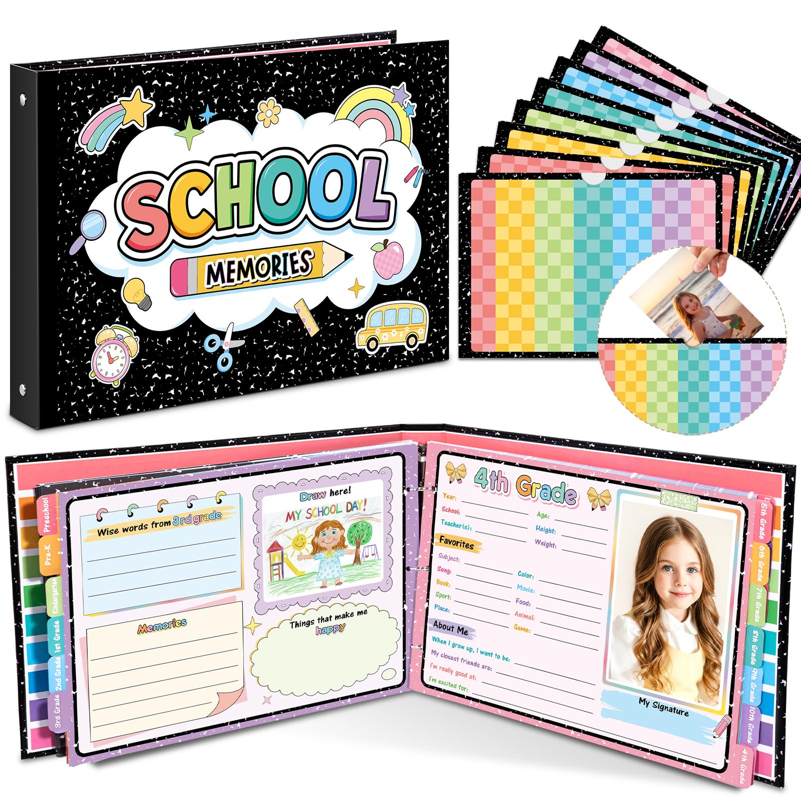 Eaasty Libro de recuerdos escolares para niños, álbum de recortes escolar con 15 bolsillos de recuerdo de preescolar a 12º grado, día y año, para almacenamiento de fotos de la infancia (cuaderno de
