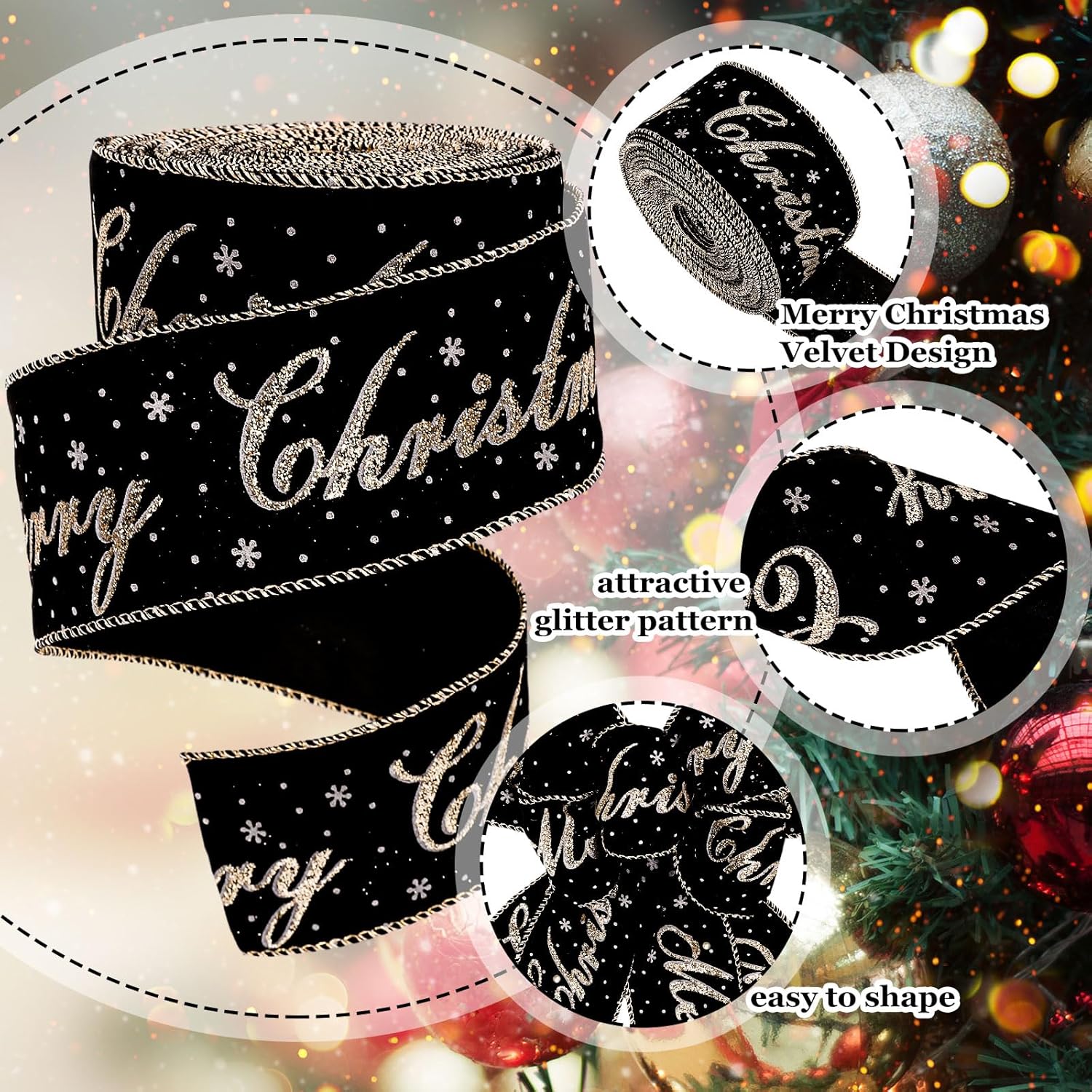 JarThenaAMCS 2 Roll Merry Christmas Wired Edge Ribbon 2.5 Inch 50 Yards White Snowflake Black Champagne Gold Glitter Velvet Ribbon for Xmas Tree Bow Wreath Craft Gift Wrap Holiday Home Decor