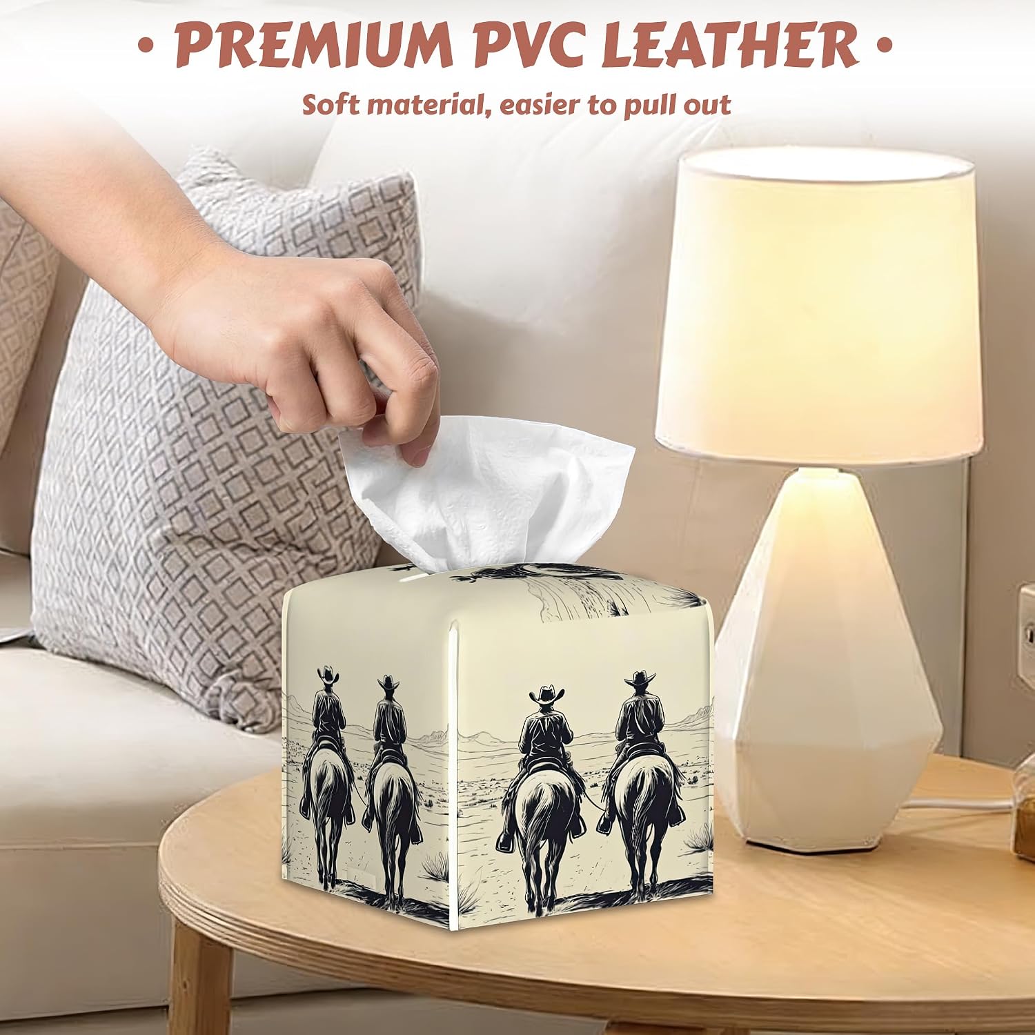Sunset Western Cowboy Riding Tissue Box Cover Square Leather Napkin Holder Facial Paper Case Decorative Tissues Cover for Home Kitchen Dining Bathroom Office, 2 Pcs image 5