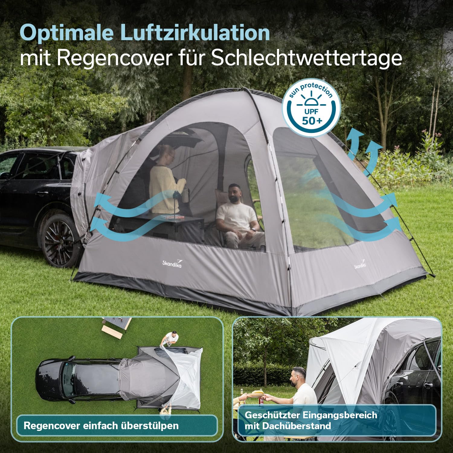 Skandika Heckzelt Pitea SUV Protect | 4 Personen, recyceltes Zeltmaterial, freistehend, eingenähter Zeltboden, 2,2 m Stehhöhe, Fenster, 5000 mm Wassersäule, Moskitonetze, 3 x 3 m | für Auto, SUV, Bus
