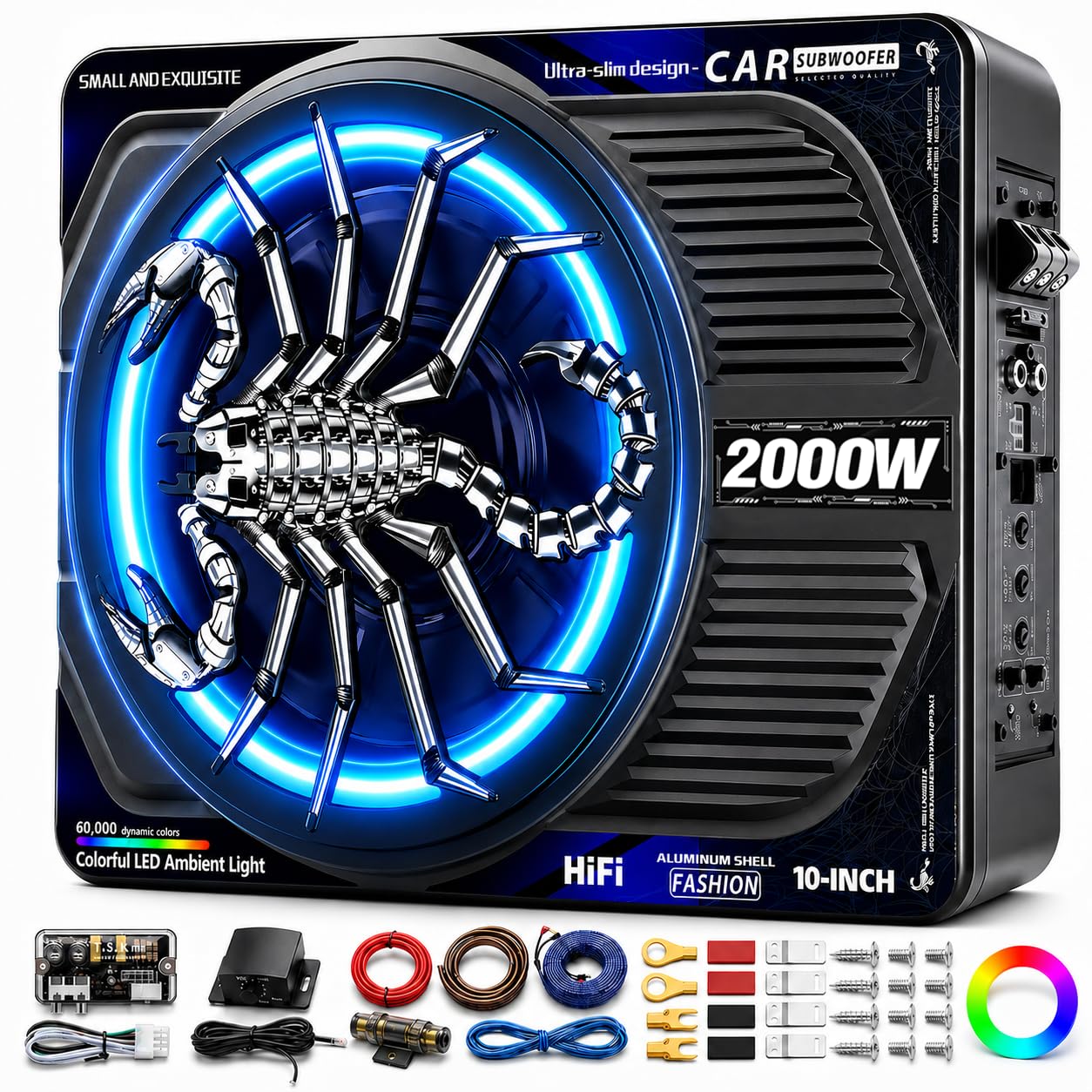 2000W 10 Inch Underseat Car Subwoofer and Amp Package, Slim Powered Under Seat Sub with Built-in Class D Amp, RGB Beat-Synced Light, Low Pass Filter, Bass Boost for Truck SUV