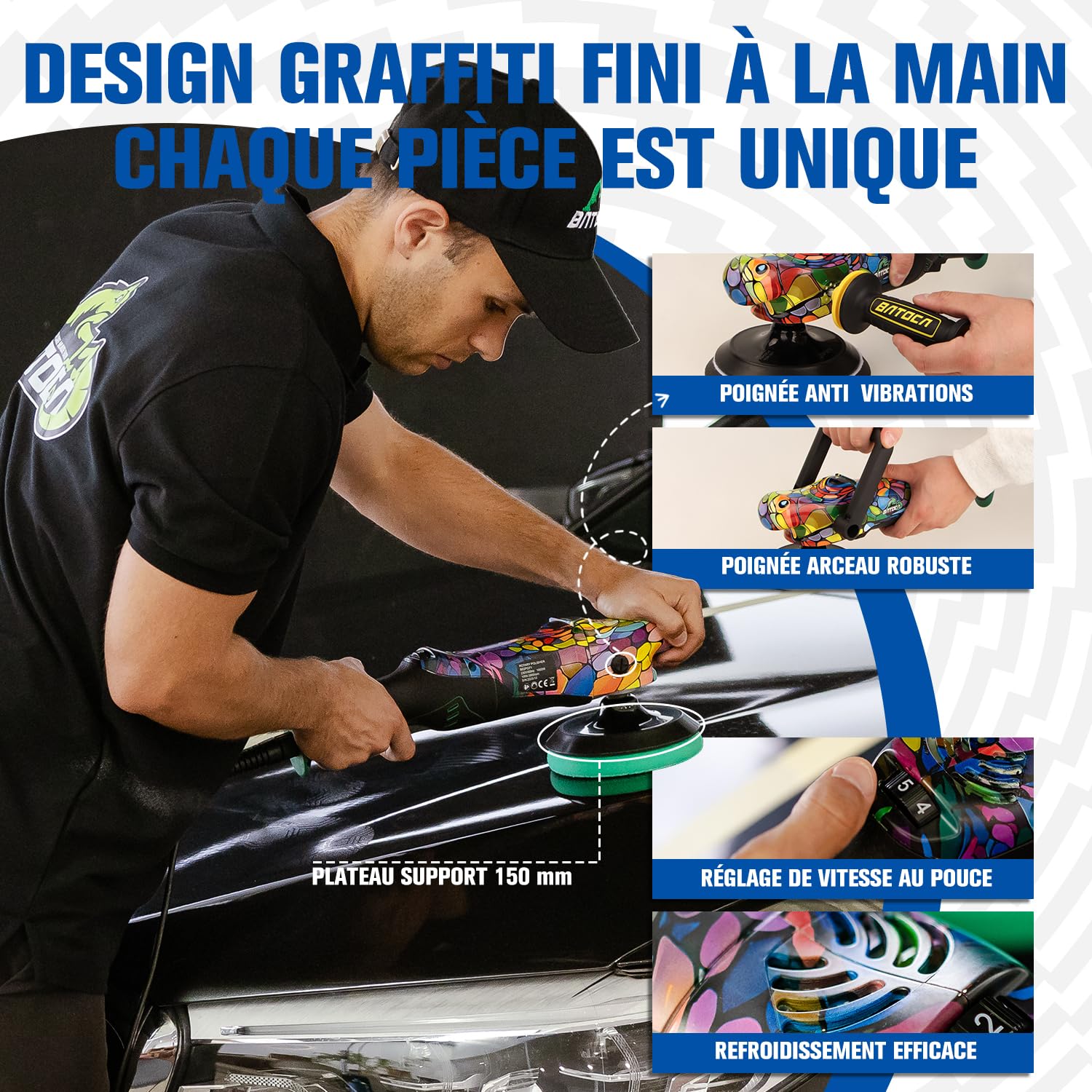 BATOCA P2 Polisseuse Rotative 1000W Couple Élevé, 150mm Lustreuse Pro pour Correction Peinture - Anti-Vibration, Câble Amovible 5m, 6 Vitesses 1000-3800 tr/min - Voiture, Bateau, Camping-Car