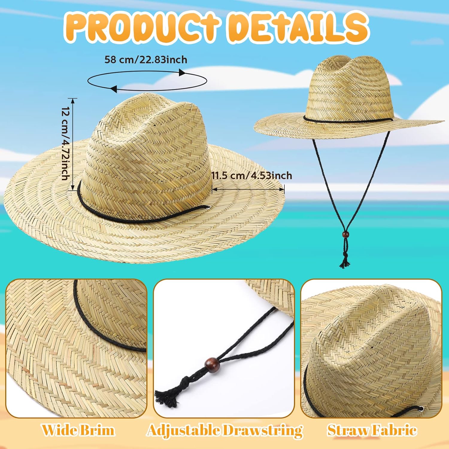 6 Pieces Men's Straw Sun Hat Wide Brim Summer Beach Hat Farmer Sun Protection Straw Hat with Removable Wind Lanyard Yellow - Image 2