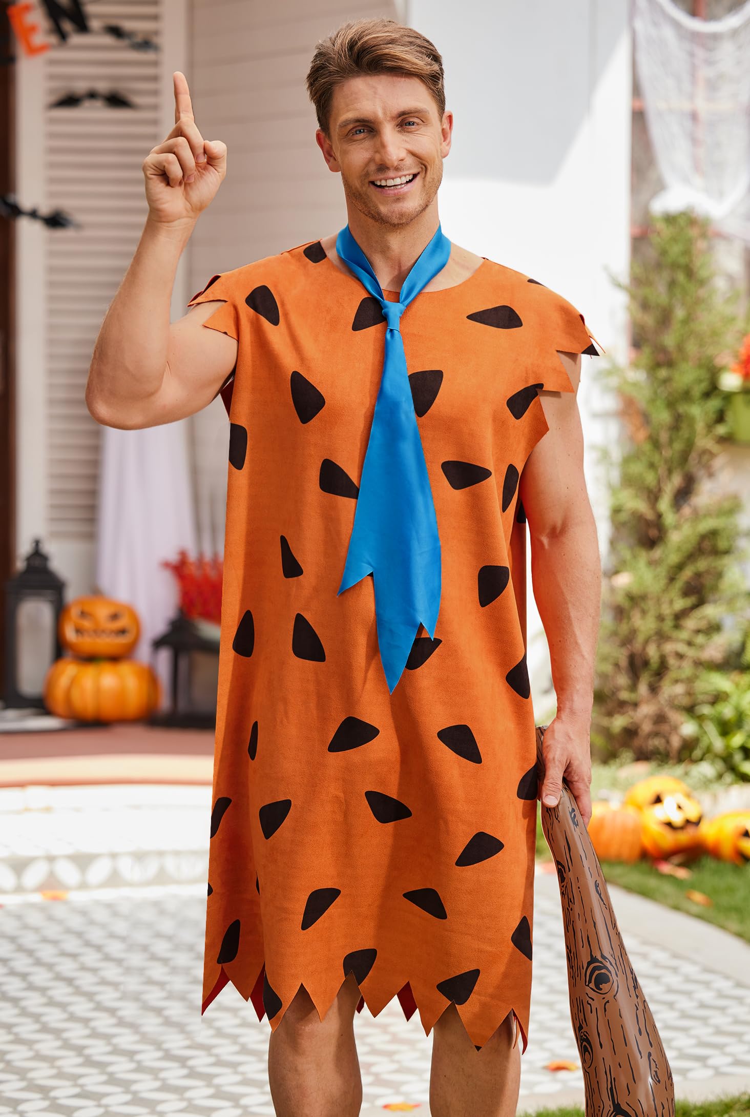 Mainfini Caveman Family Cave Costume Set for Tall Adult Men Cave Man Outfit with Classic Tunic Inflatable Bat Tie Funny Halloween Party Roleplay Acting M - Image 3