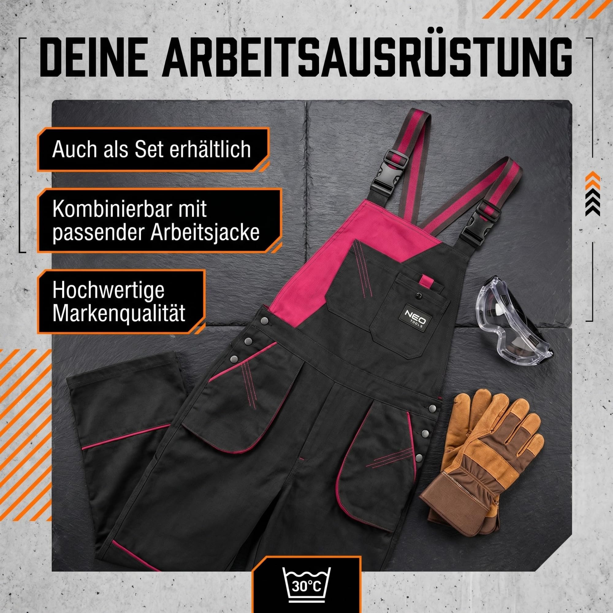 NEO TOOLS Damen Arbeitslatzhose oder SET mit Jacke und Latzhose Gr. S - XXL | modisches Design, Damen Arbeithose mit elastischen Träger, Veile Taschen, verstärkte