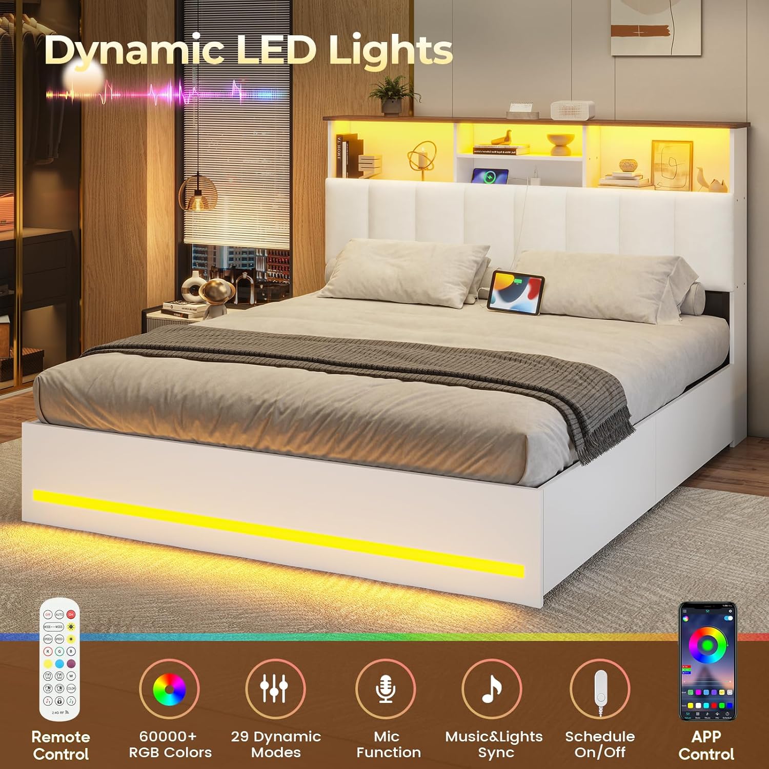 VIAGDO Full Size Bed Frame with Bookcase Headboard, Wooden Bed Frame Full Size with Charging Station, 4 Storage Drawers and LED Lights, with Type-C and USB, No Box Spring Needed, White