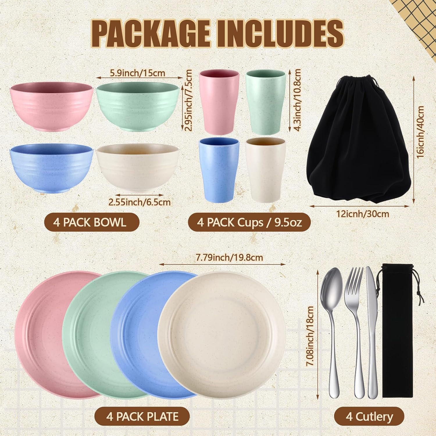 Teenyyou 4 Sets Camping Mess Kits for 4 Person Camping Silverware Set Include Cup, Bowl, Plate, Knife, Spoon, Fork Cutlery Set Unbreakable Wheat Straw Dinnerware Utensils for Travel