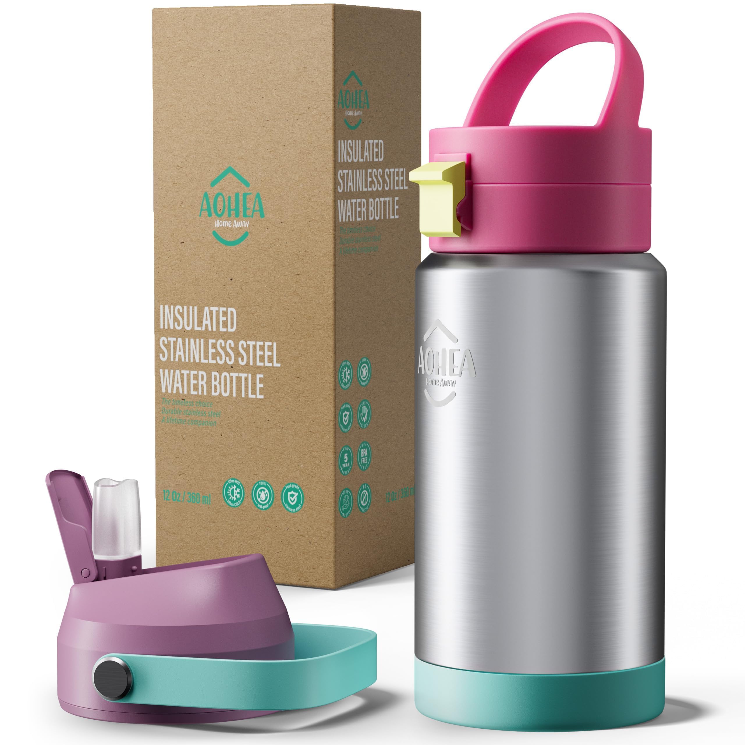 AOHEA 12oz Insulated Water Bottle with Straw, Kids Stainless Steel Double Walled Vacuum Sports Water Bottle with 2 Lids (Straw and Spout Lid) for Boys