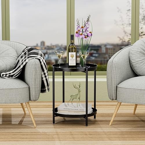 Miniatura 3 de OVICAR Mesa auxiliar de metal de 2 niveles, mesa auxiliar redonda de 2 niveles, mesa auxiliar para sofá, mesa auxiliar impermeable para interiores y