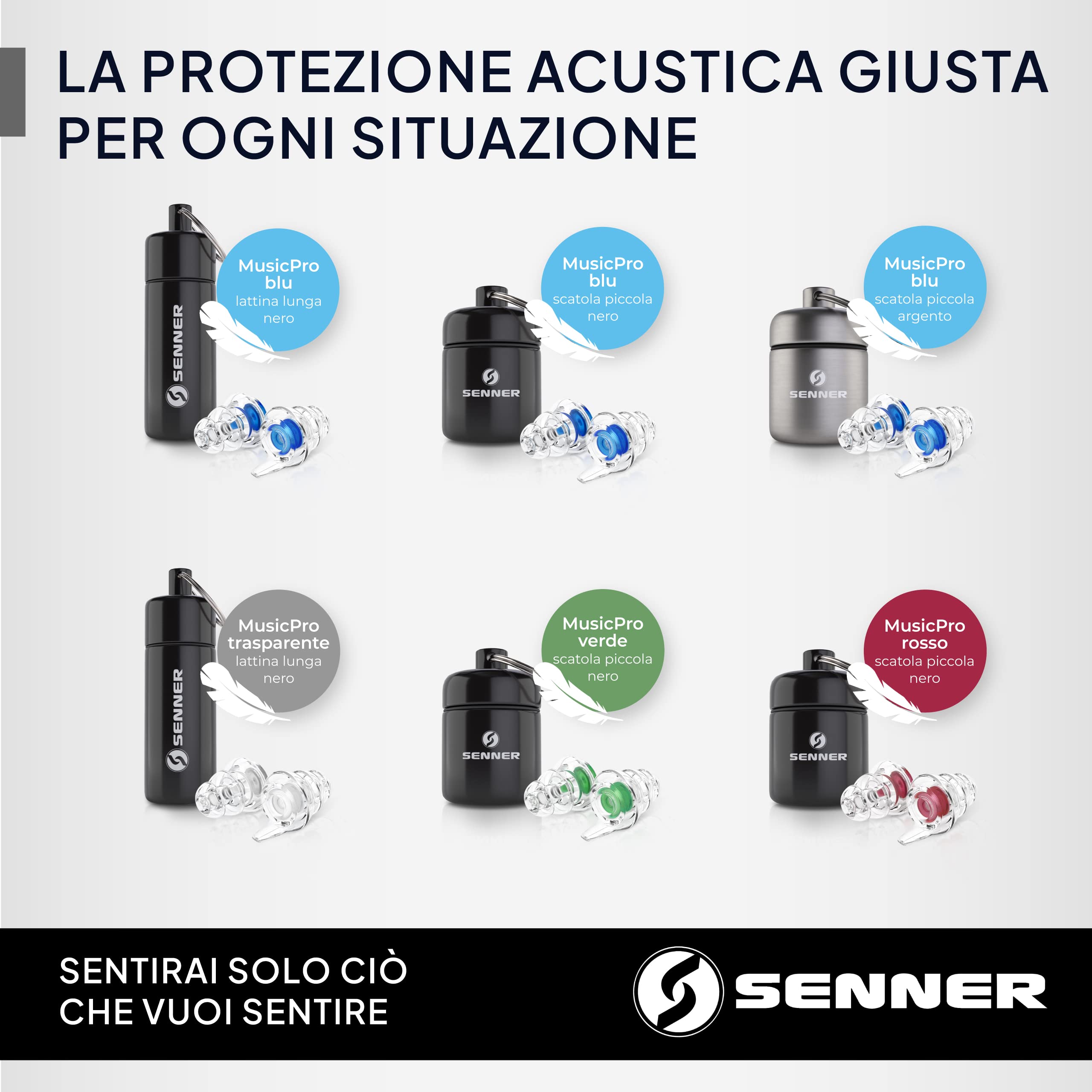 Senner MusicPro tappi per orecchie antirumore a protezione dell’udito con contenitore in alluminio. Ideali per musica, concerti, discoteca e festival, trasparente