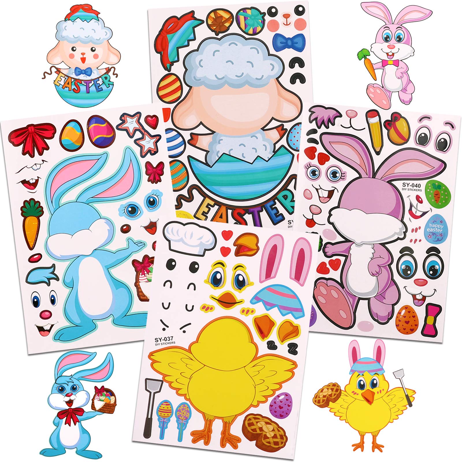 XIMISHOP 24 Sheets Make A Easter Stickers for Child ,Easter Mix and Match Make Your Own Face Stickers for Boys Girls Easter Rabbit Chicks Sheeps， Elf DIY Sticker Easter Party Favors