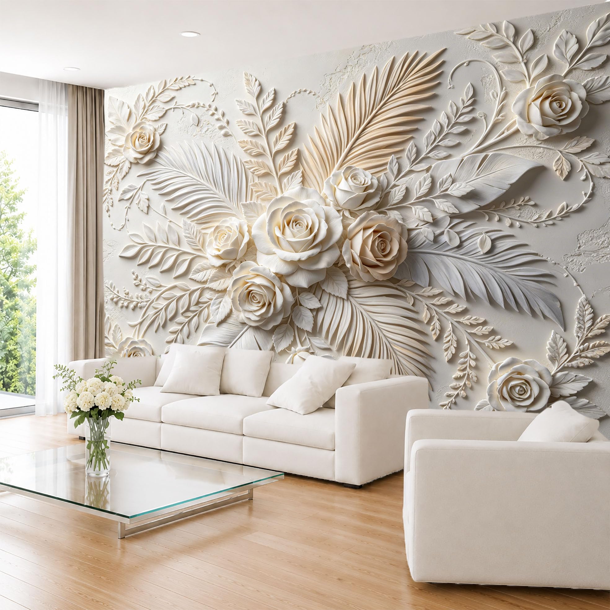 Carta Da Parati Fotografica In Tessuto Non Tessuto con Effetto 3D A Rilievo Rose In Fiore E Foglie Di Palma 300×210 cm (Lxa). Elegante Murale Floreale per Camera Da Letto E Soggiorno. Dimensioni: 3