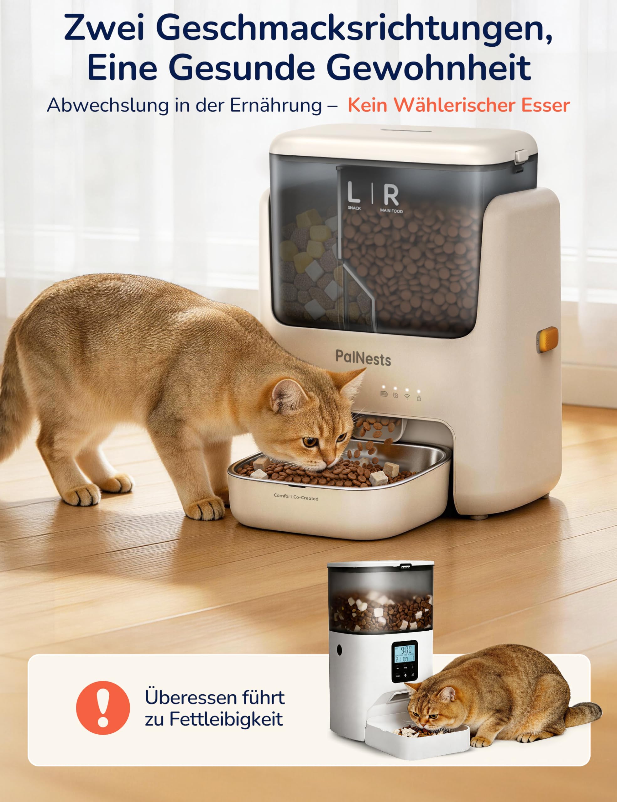 Futterautomat Katze 5L, PalNests Automatischer Futterspender für Katze und Hund mit Edelstahlnapf, Doppelbehälter-Tierfutterspender mit Trockenmittel, Katzenfutter Automat mit Einem Knopf und APP