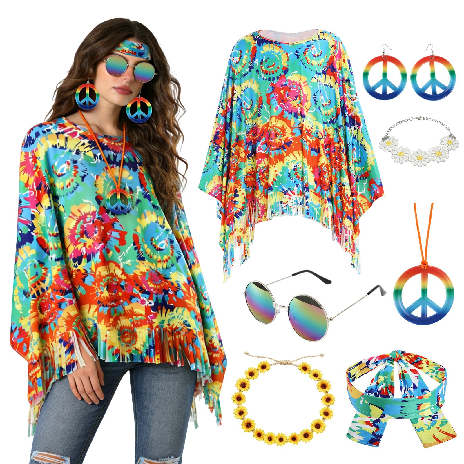 shyhand 70s Hippie Costumes Women Boho 60s Hippie Costume Set with Poncho, Necklace, Sunglasses Headband Earrings for Halloween, Carnival, Retro Disco Party Cosplay