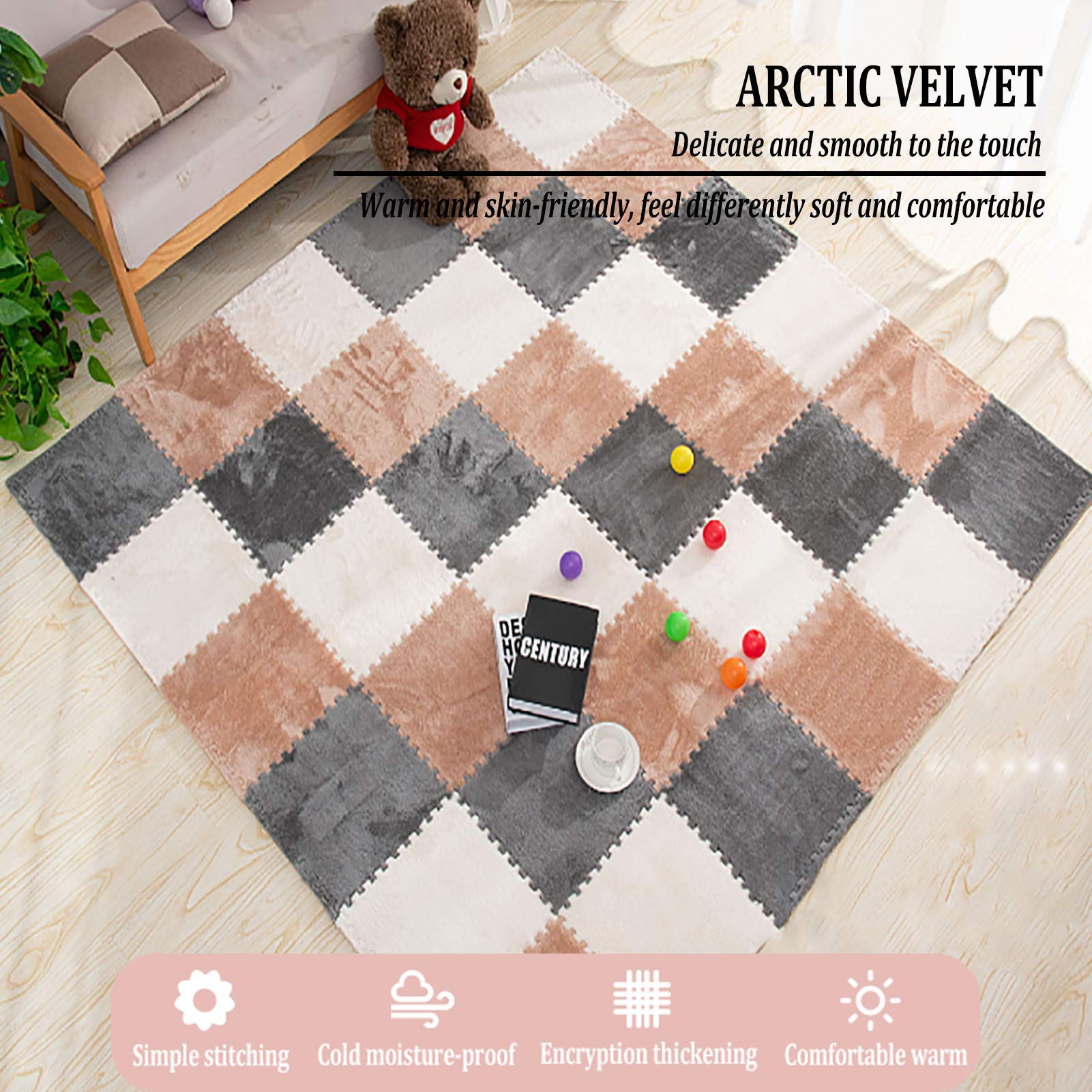 Tapis Puzzle EVA pour Enfants, Tapis De Mousse en Peluche Imbriqués avec Bords - Parfait pour Les Exercices Protection du Sol Au Garage, Le Yoga, Salle Jeux,Beige,12