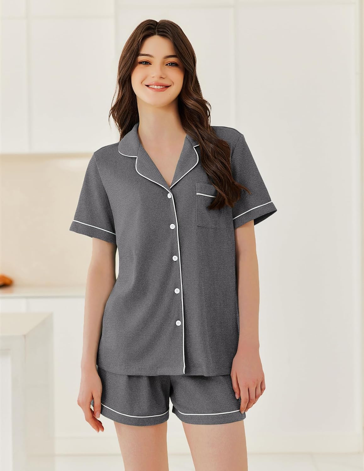 Ekouaer Womens Waffle Knit Pajama Sets Soft Short Sleeve Button Down Sleepwear Cozy 2 Piece Pjs Shorts Set - Image 2