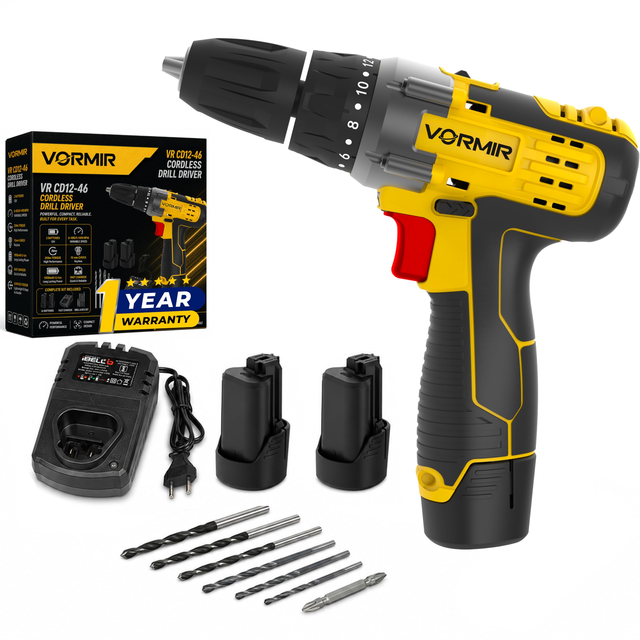 iBELL VORMIR VR CD12-46 Cordless Drill Driver, 2 batteries.12V, 0-400/0-1450 rpm, 25Nm Torque, 10 mm Chuck,1500mAh Li-Ion, Fast Charger, Compact Design-image-42