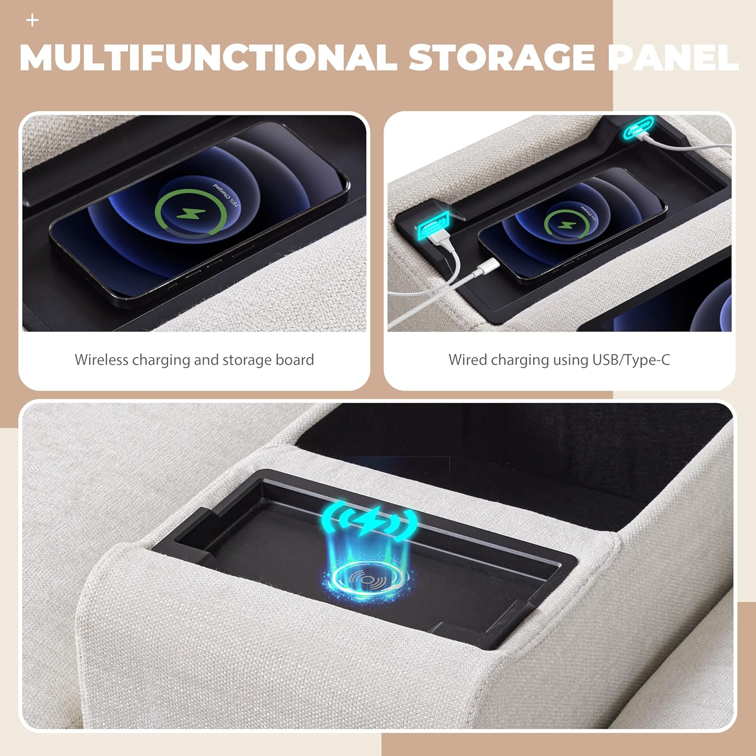 Merax Modern Chenille Sectional Sofa with Ottoman, USB Charging Port & Storgae Drawers, Modular L-Shaped 4-Seat Couch Set with Deep Seat for Living Room, Apartment, Beige