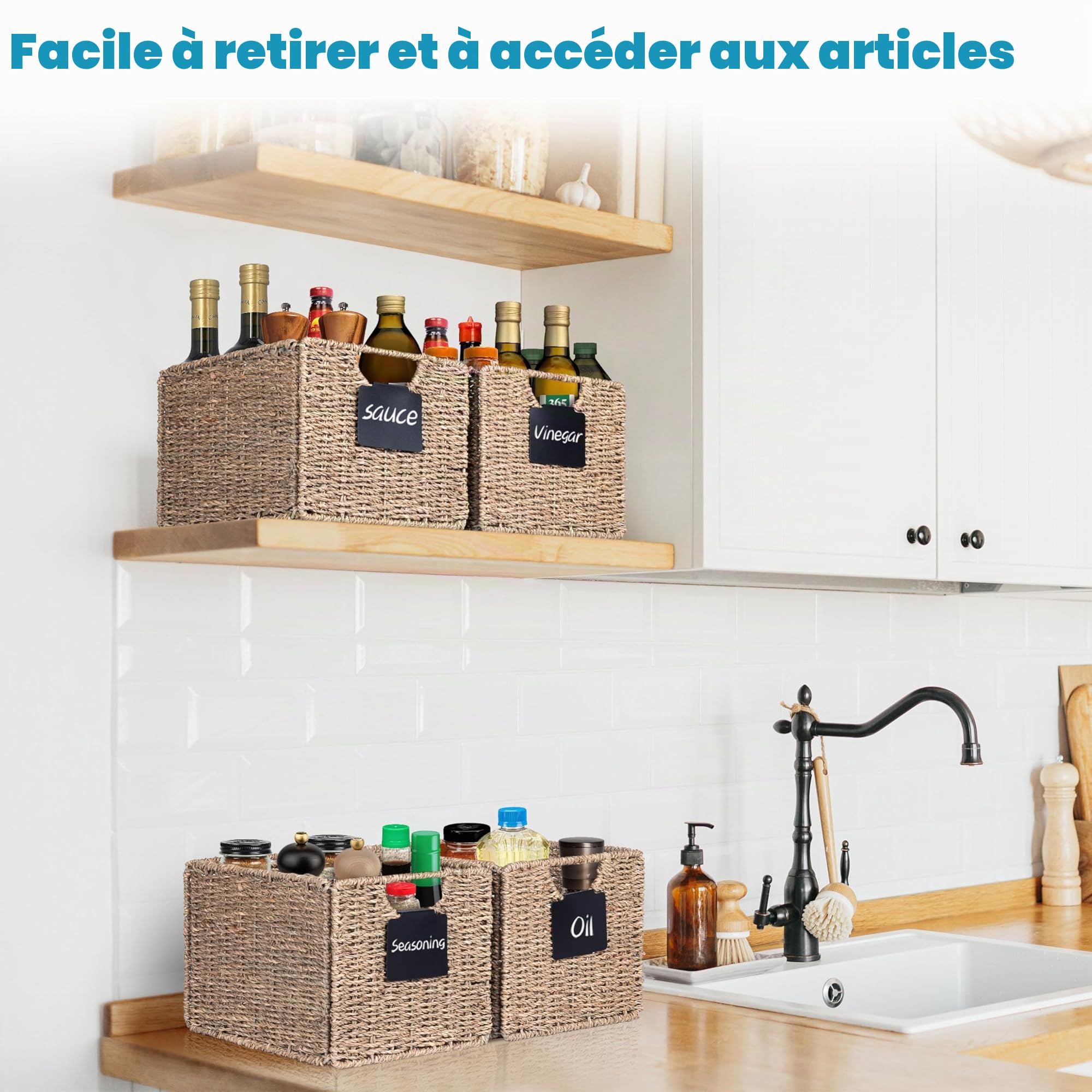 Lot de 4 paniers de rangement rectangulaires en jonc de mer - Panier de rangement pliable en osier naturel tressé - Panier d'étagère en osier - Pour salle de bain, salon - 26,5 x 24 x 19 cm