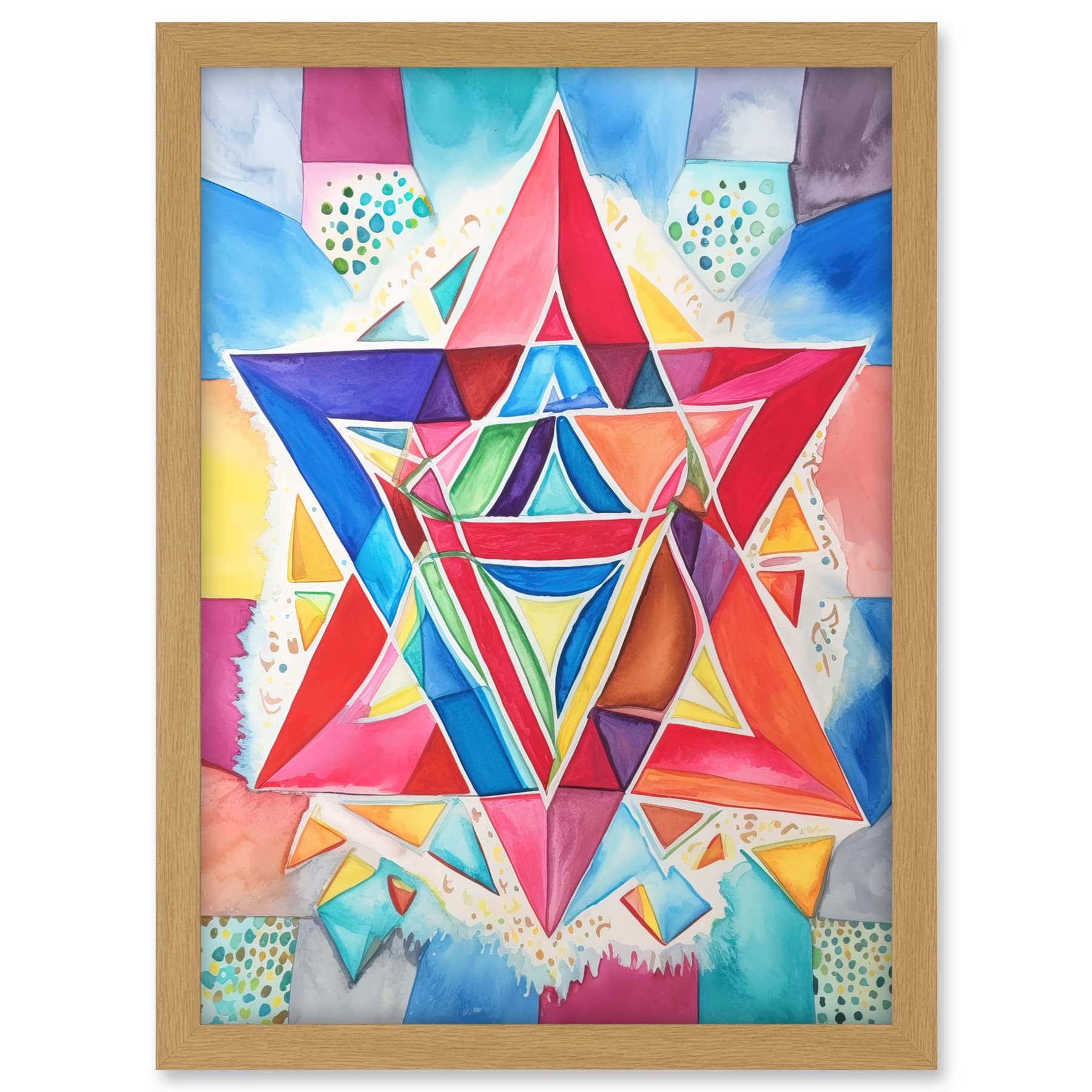 Artery8 Jewish Star Of David Bright Multicoloured Folk Art Watercolour Painting Artwork Framed A3 Wall Art Print