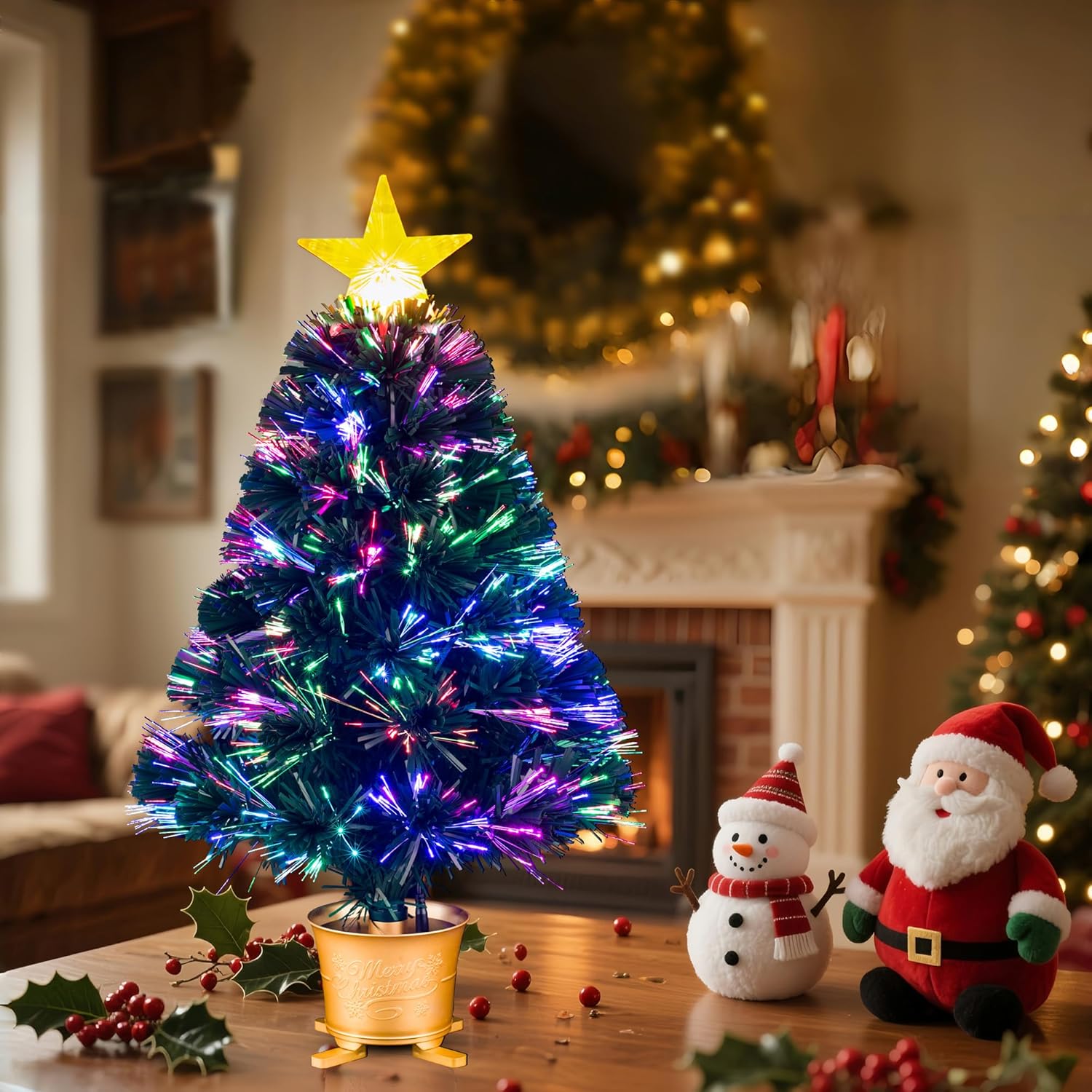 24inch Pre-lit Mini Fiber Optic Tabletop Artificial Christmas Tree，Small Xmas Tree with Stars Decorations-Gold