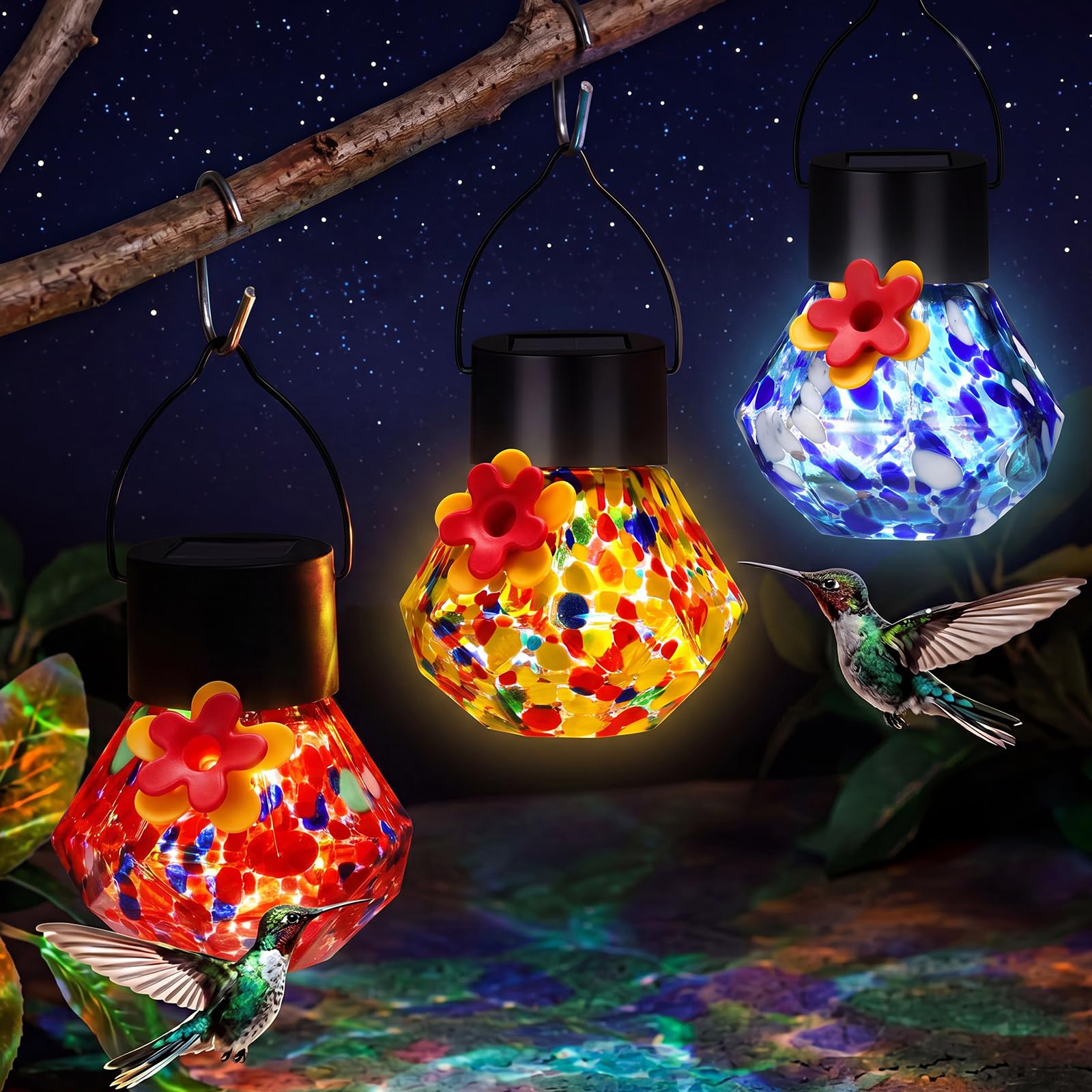 Comederos para colibríes de vidrio soplado de lujo con iluminación solar LED Nuogo 1