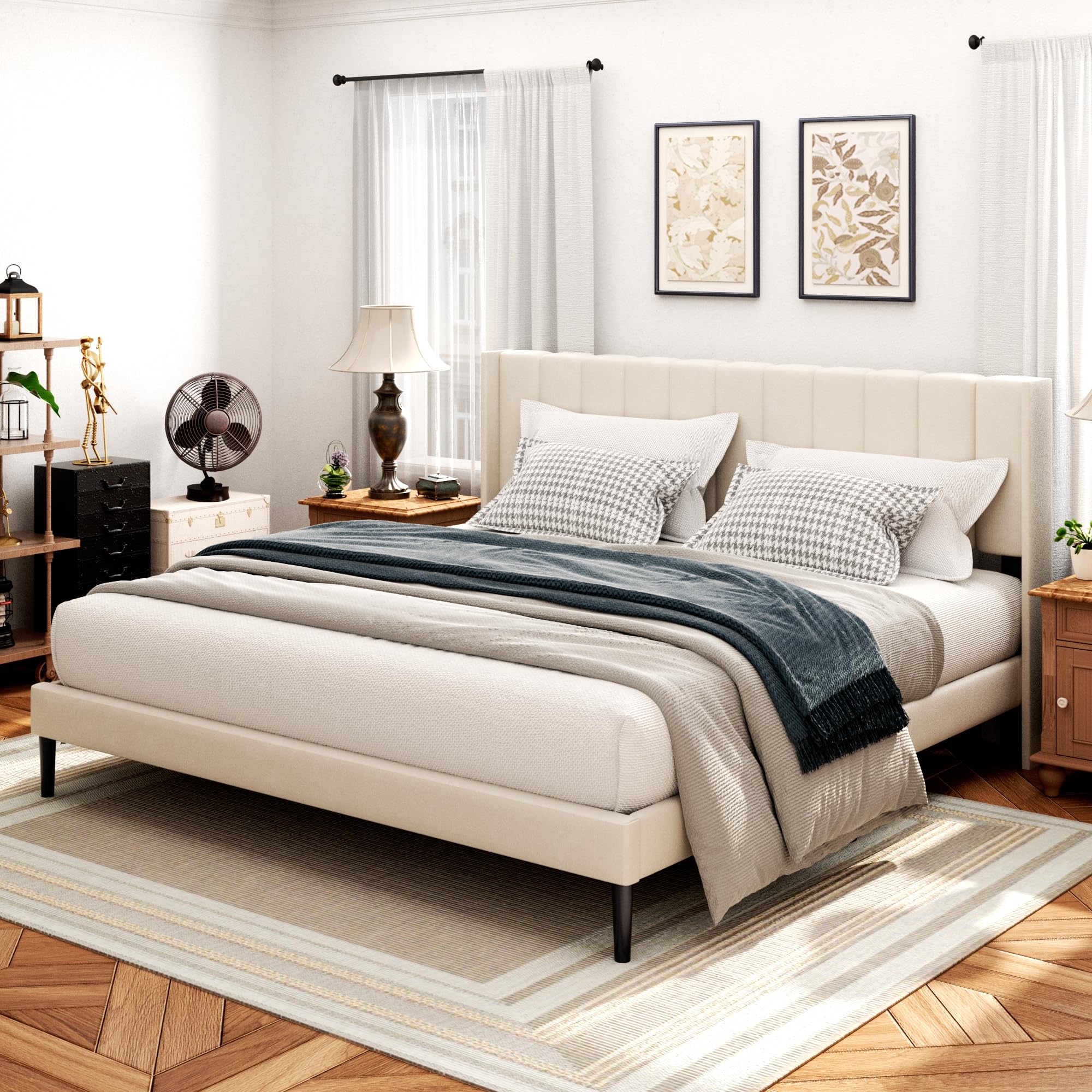 King Size Bed Frame and Headboard,Vertical Channel Tufted Wingback No Box Spring Needed, Mattress Foundation, Easy Assembly, Beige